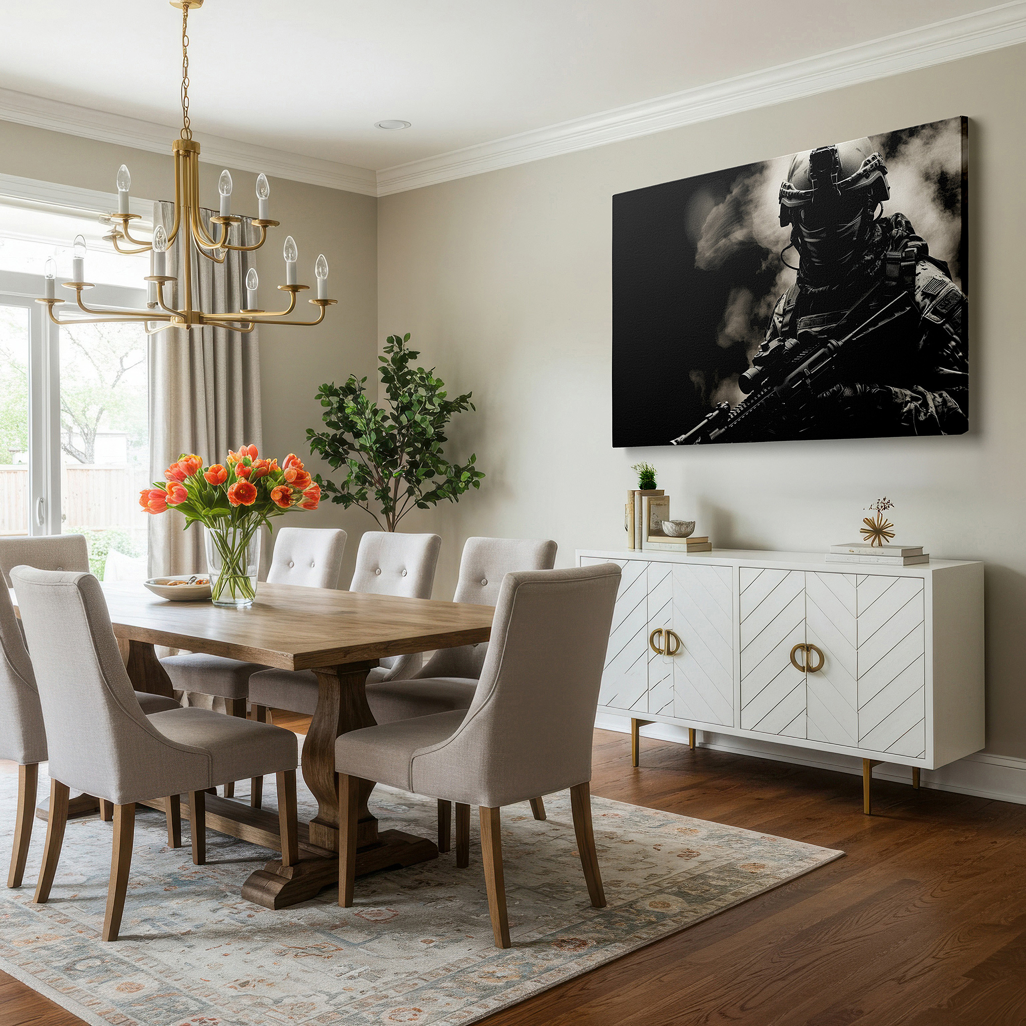 Aligned with a curated gallery wall of abstract artworks — tactical soldier in smoke wall art, symbolizing valor and readiness, ideal for office and bedroom decor