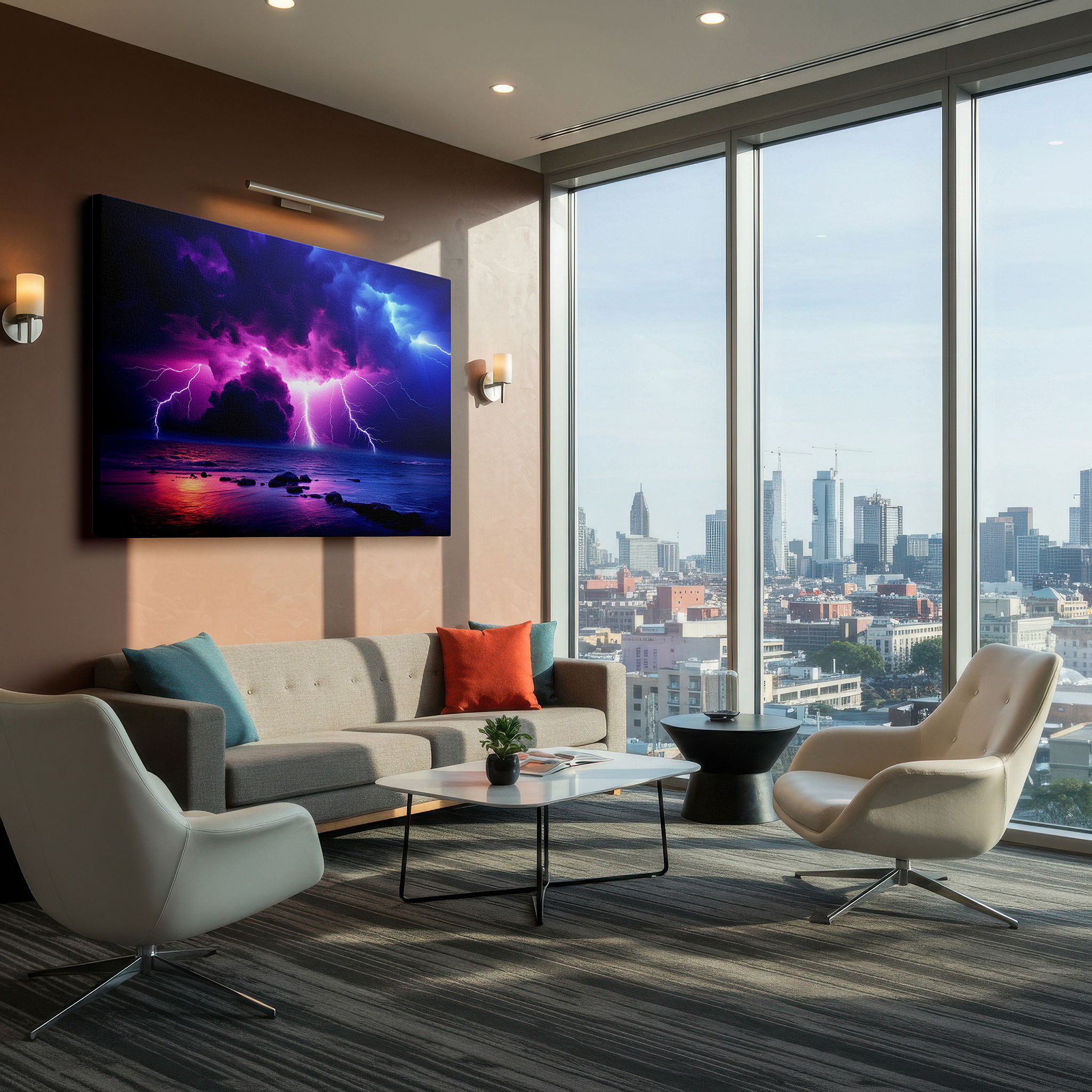 Aligned with a curated gallery wall of abstract artworks — thunderstorm over the ocean: showcasing the wild power and beauty of nature - large wall art, canvas wall art, wall decor for office