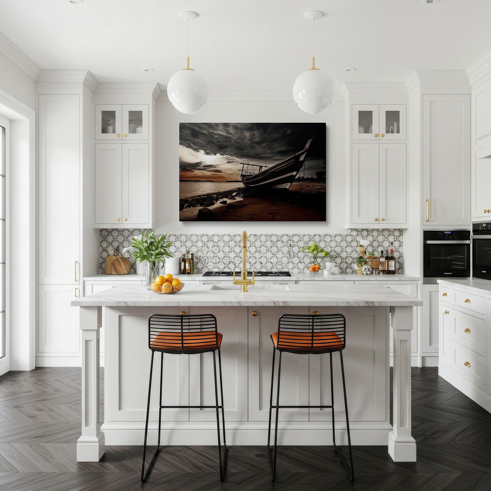 Aligned with a curated gallery wall of abstract artworks — timeless solitude: black and white fishing boat canvas, large wall art for home and office decor