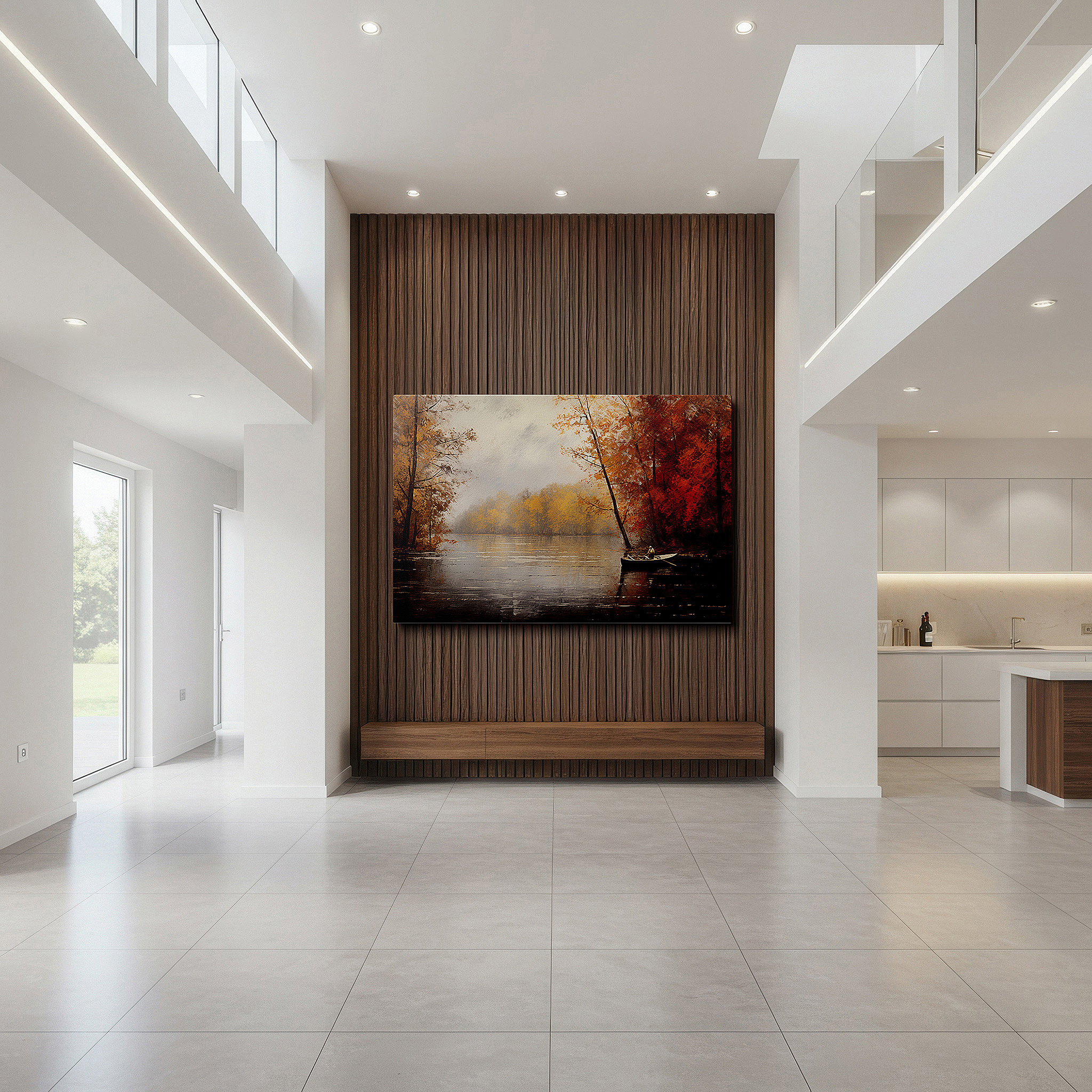 Aligned with a curated gallery wall of abstract artworks — tranquil autumn lake wall art: reflective waters and fiery foliage - large canvas for home and office decor, perfect for living rooms and bedrooms