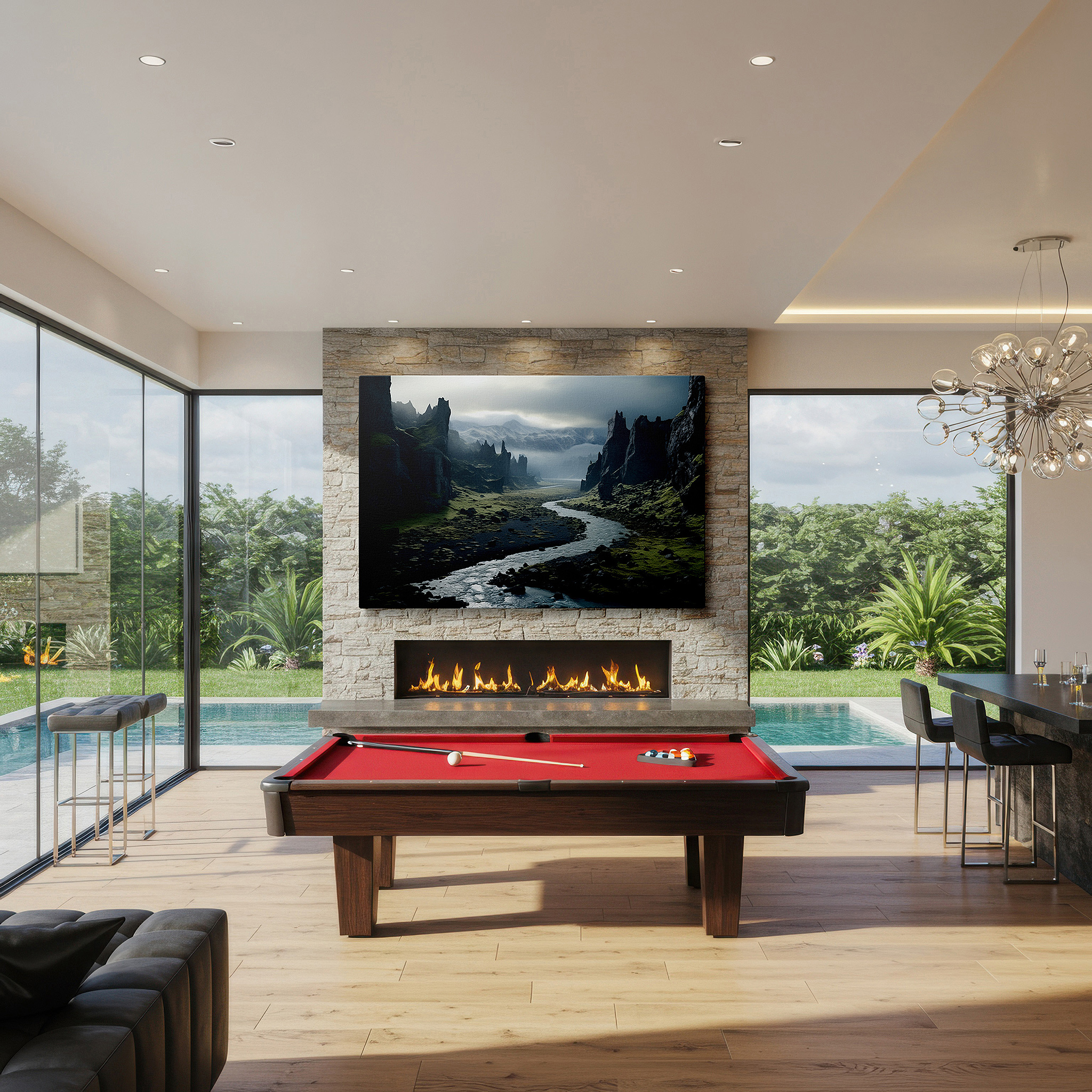 Aligned with a curated gallery wall of abstract artworks — tranquil river and lush valley canvas, featuring dramatic rocks and verdant foliage, large wall art for office and bedroom decor