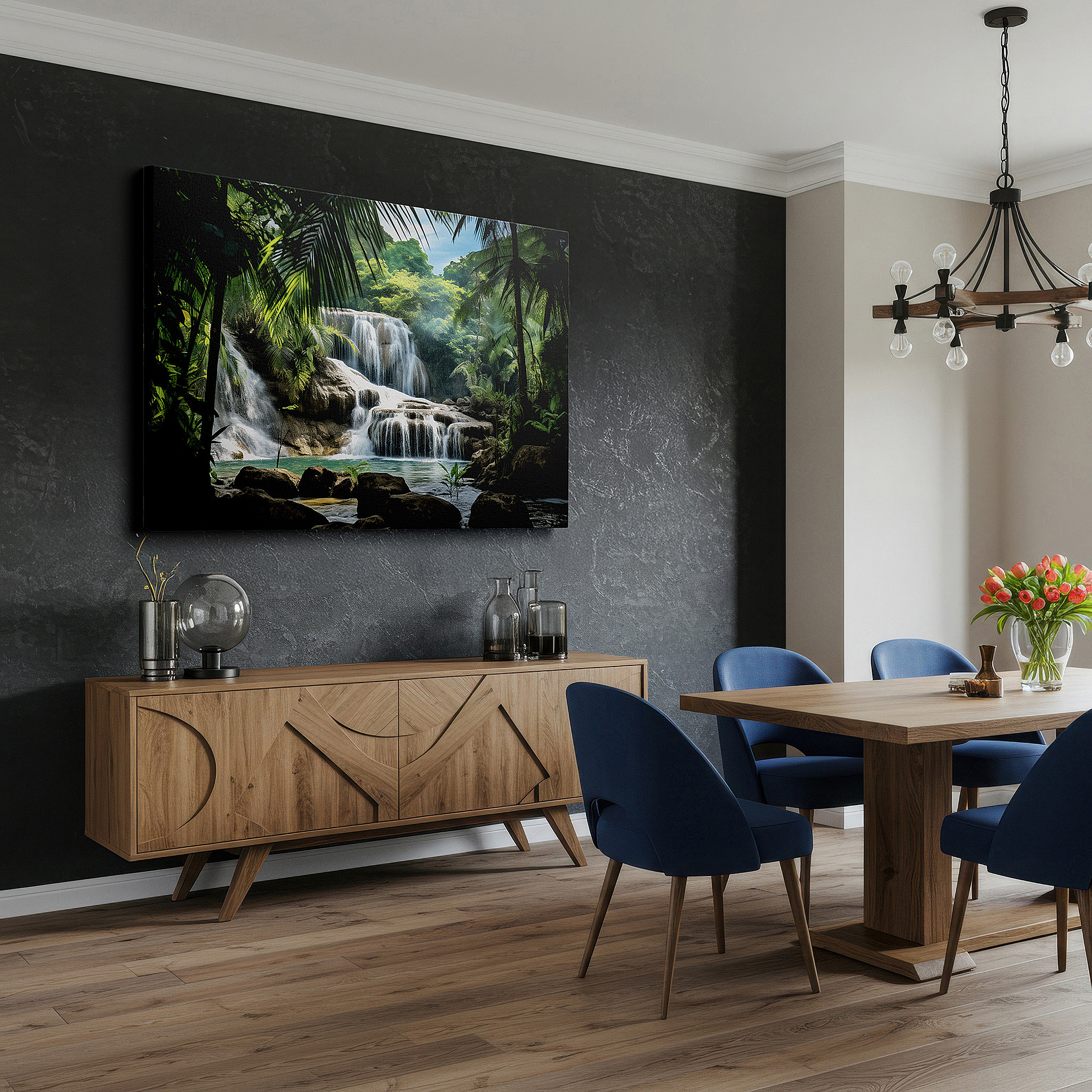 Aligned with a curated gallery wall of abstract artworks — tranquil waterfall and verdant foliage wall art, large canvas for serene nature escape, ideal for home and office decor