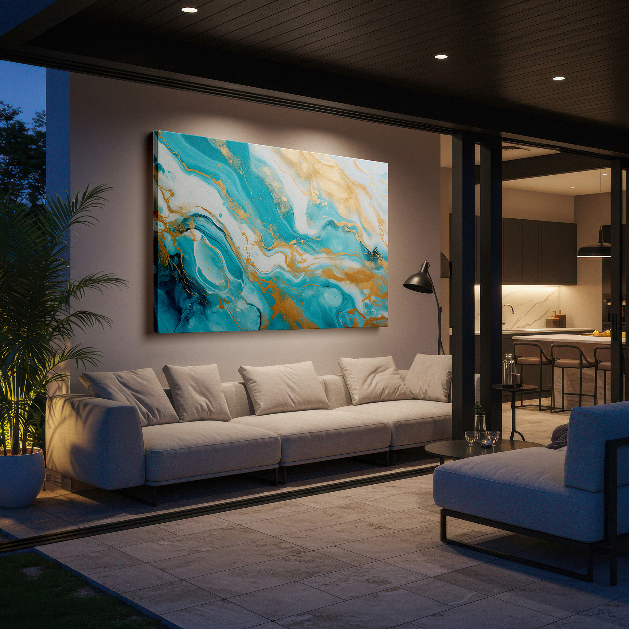Aligned with a curated gallery wall of abstract artworks — turquoise and gold swirls: oceanic elegance and sunlit opulence in dynamic large wall art, canvas wall art