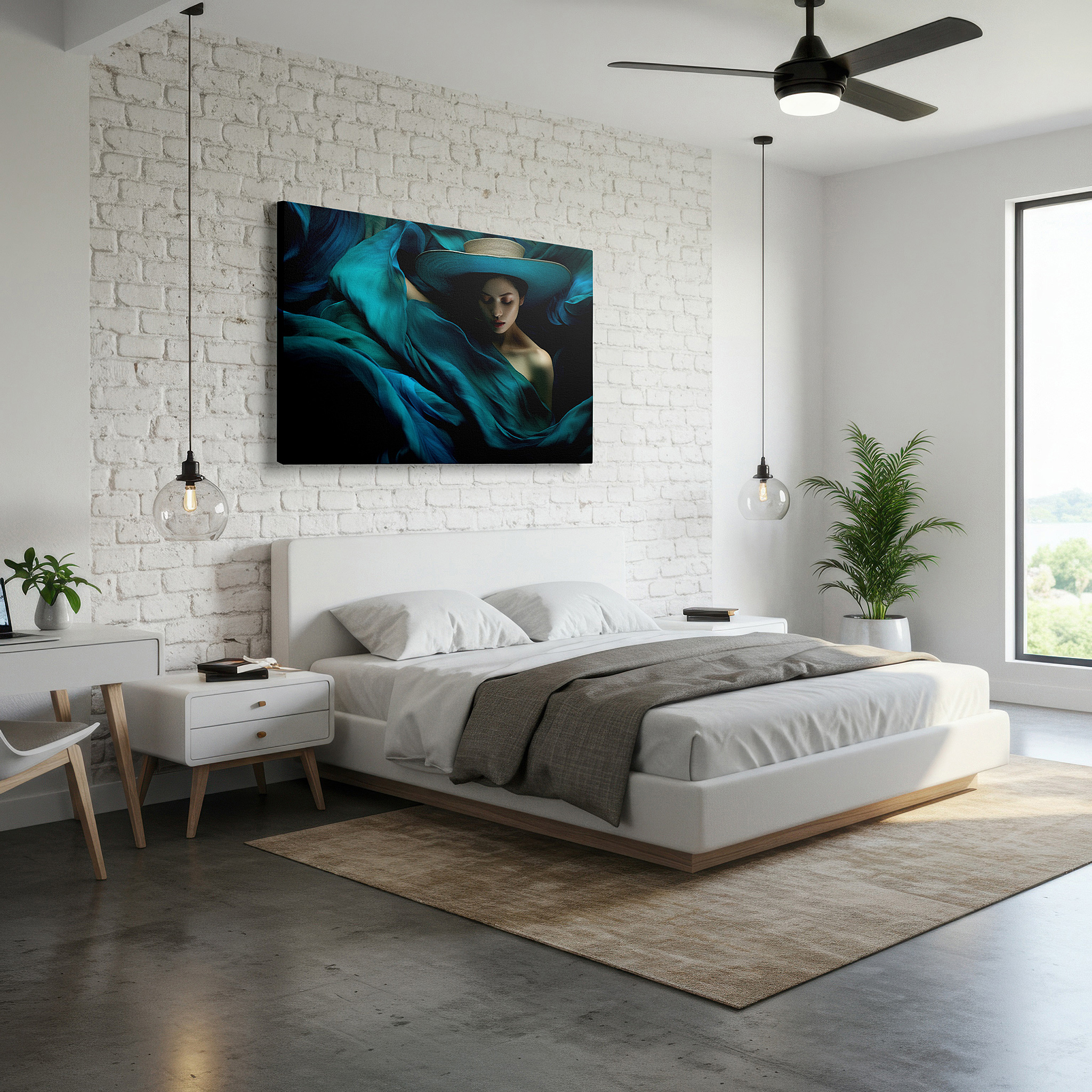 Aligned with a curated gallery wall of abstract artworks — turquoise tranquility: a graceful and mysterious portrait - large wall art, canvas wall art, wall decor for office and bedroom