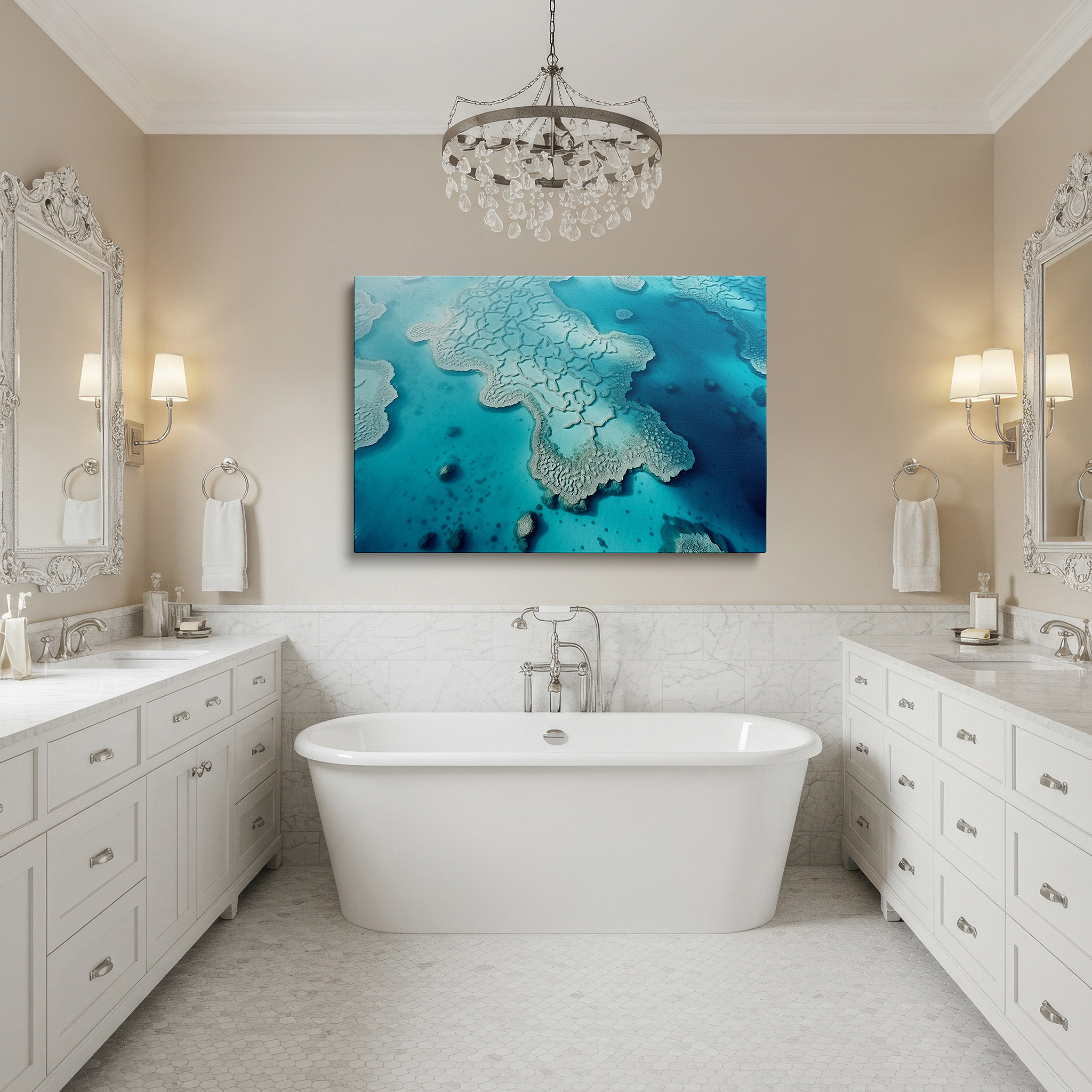 Aligned with a curated gallery wall of abstract artworks — turquoise waters aerial coral reef symphony: celebrating marine biodiversity with large canvas wall art for office decor