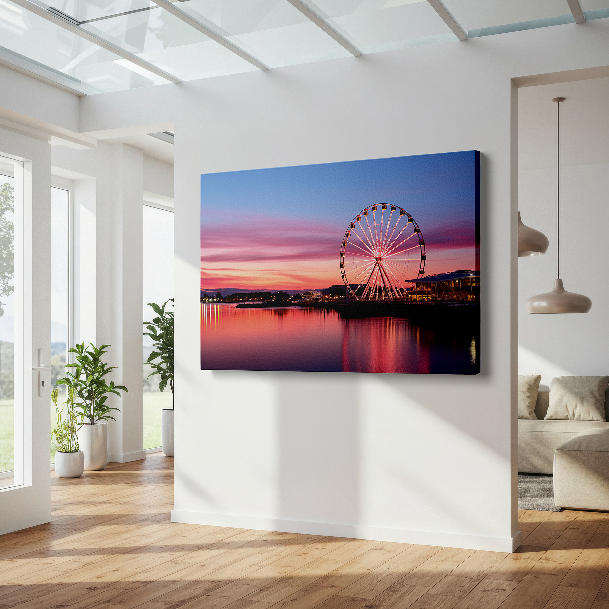 Aligned with a curated gallery wall of abstract artworks — twilight glow over the ferris wheel: large waterfront reflection canvas art for office and bedroom decor