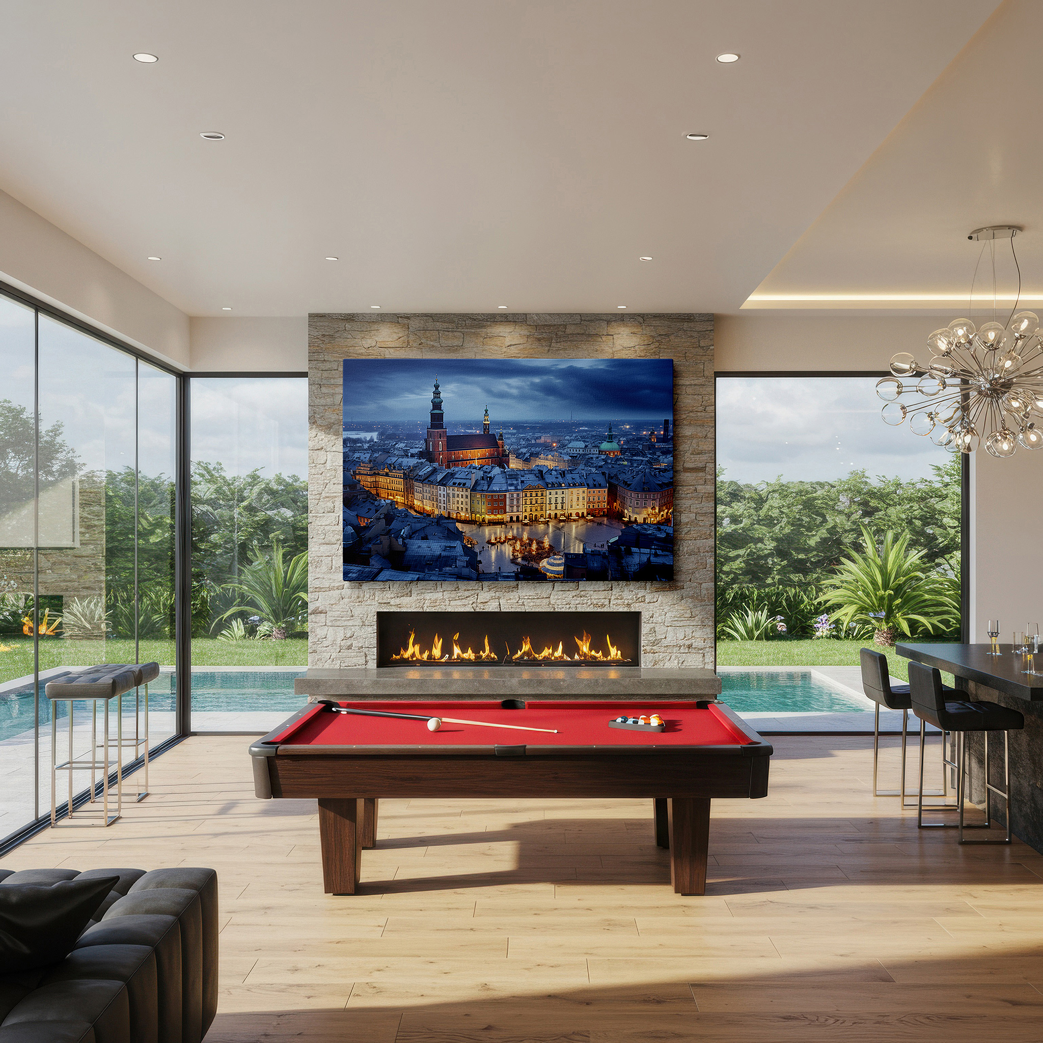 Aligned with a curated gallery wall of abstract artworks — twilight over historic polish cityscape with festive christmas glow - large canvas wall art for office and bedroom decor
