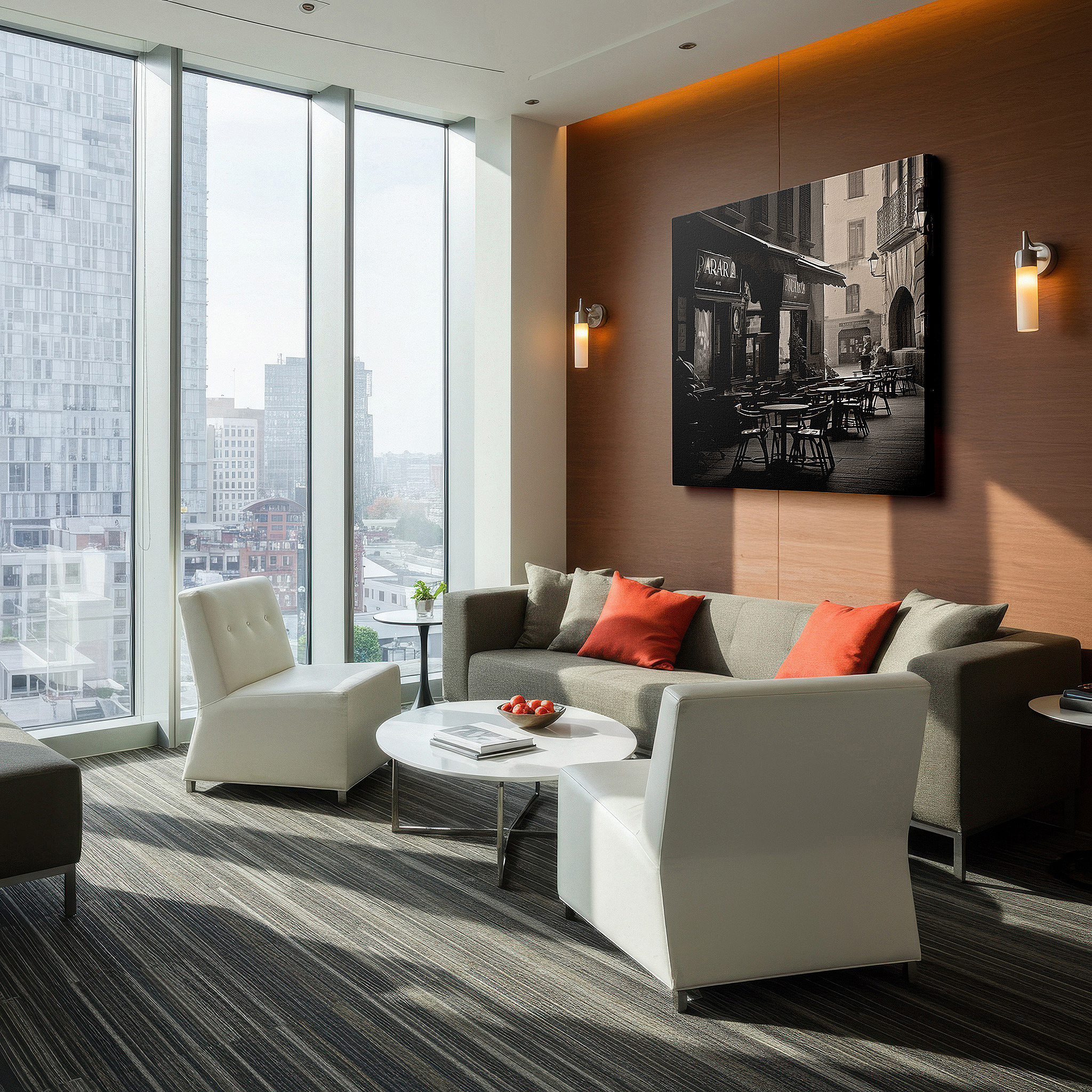 Aligned with a curated gallery wall of abstract artworks — urban café wall art: tranquil scene with sleek chairs and enigmatic black signboard - large canvas art for home and office decor, perfect for living room and bedroom