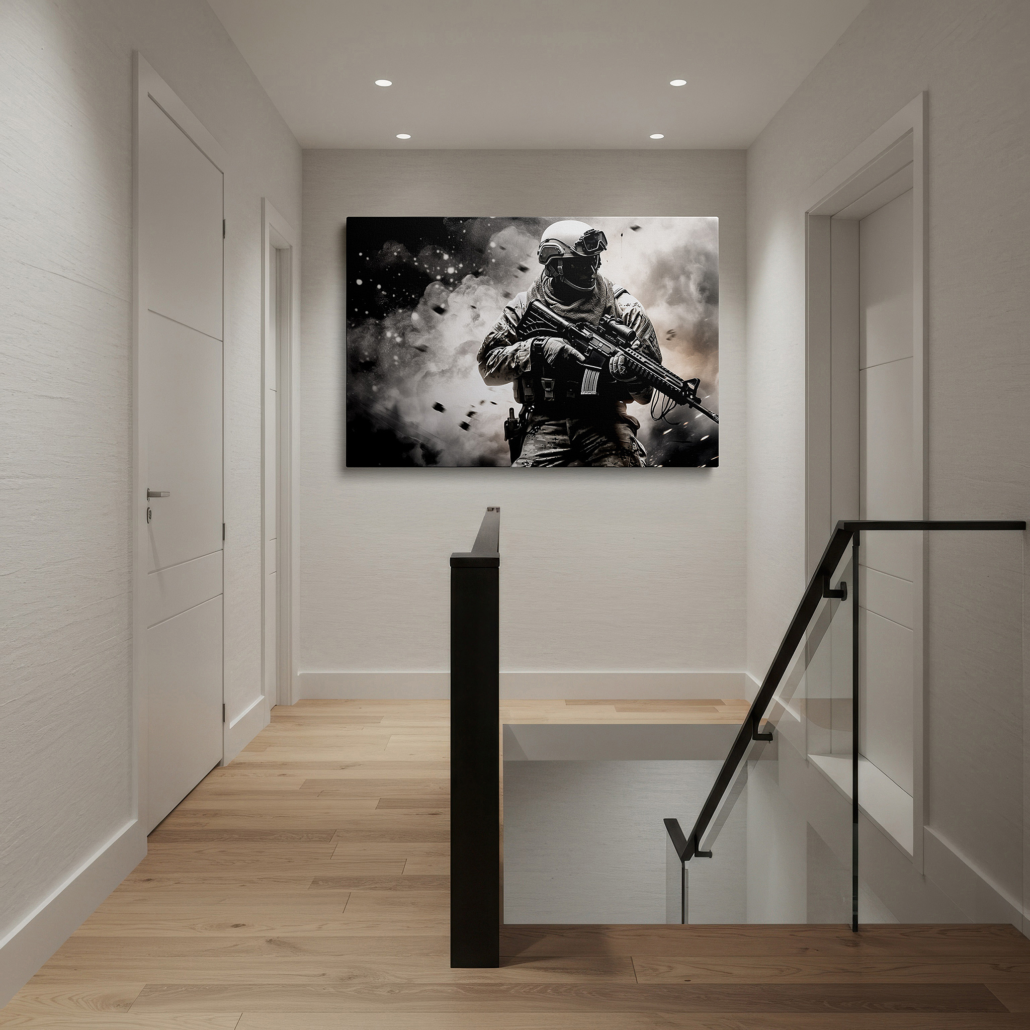 Aligned with a curated gallery wall of abstract artworks — valor soldier in intense conflict, emblem of power and preparedness, large canvas wall art for office and bedroom decor