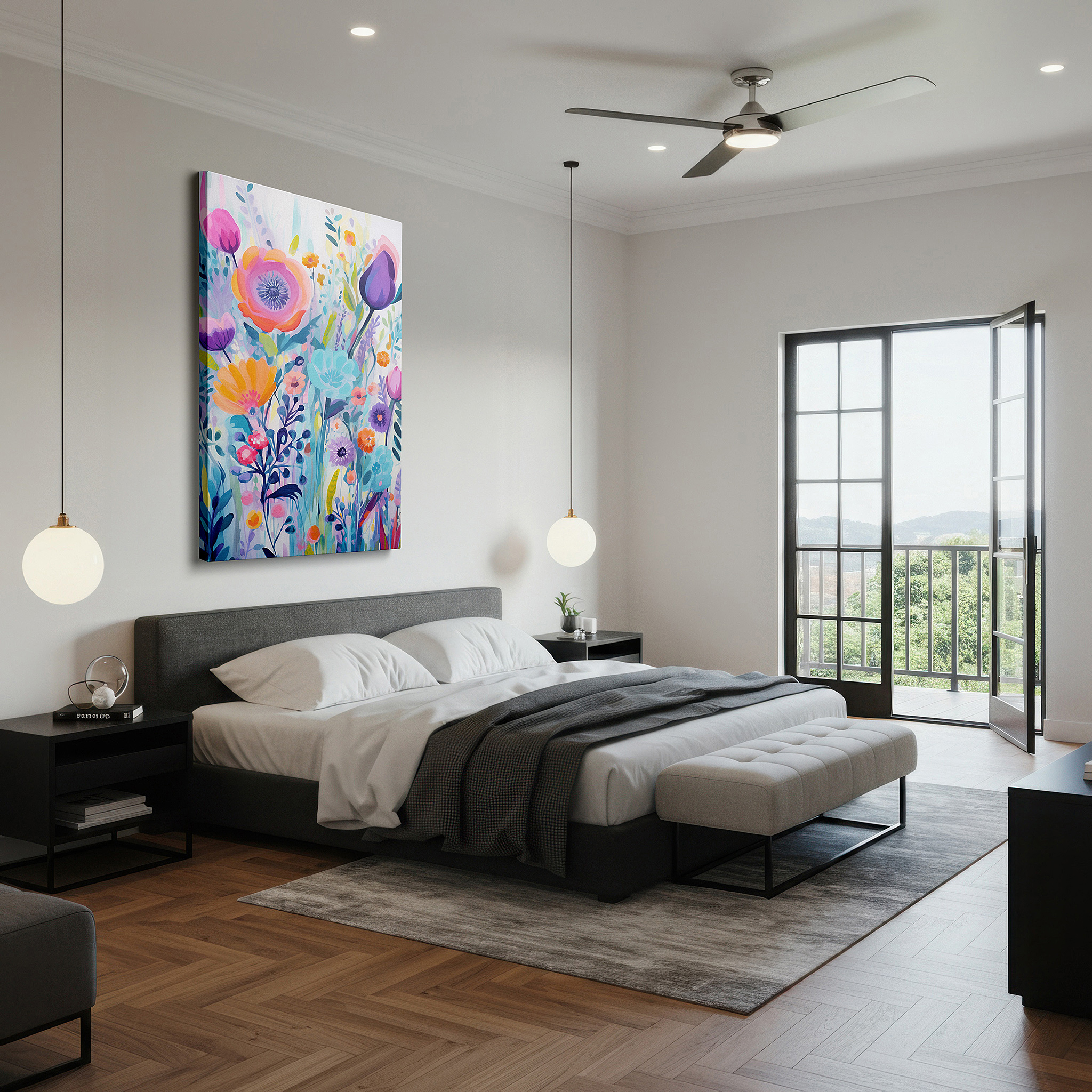 Aligned with a curated gallery wall of abstract artworks — vibrant abstract floral masterpiece featuring dynamic shapes and bright colors to celebrate nature's beauty - large canvas wall art