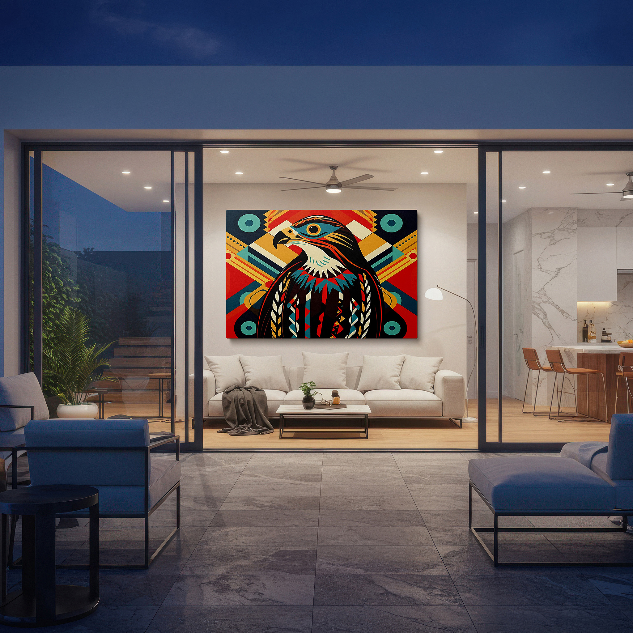 Aligned with a curated gallery wall of abstract artworks — vibrant and abstract stylized bird wall art celebrating nature and artistic expression, large canvas wall decor