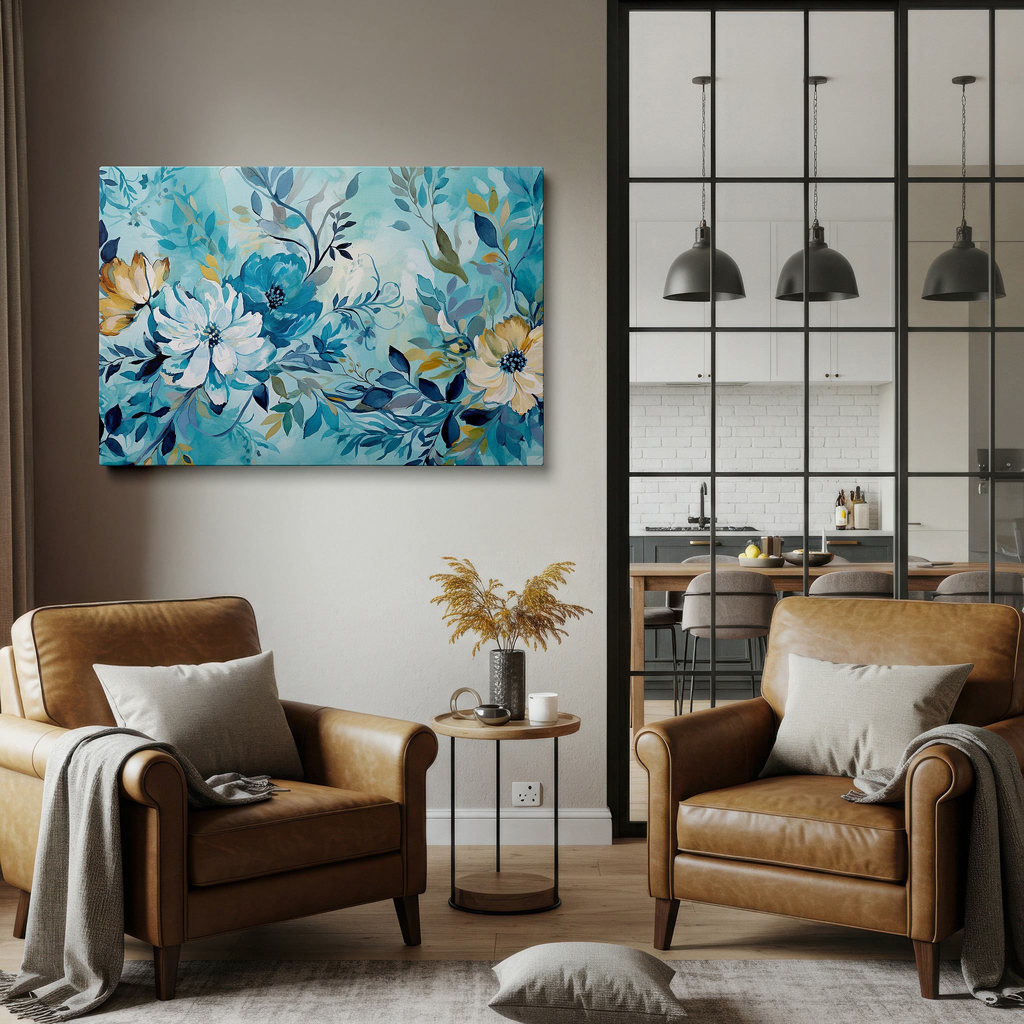 Aligned with a curated gallery wall of abstract artworks — vibrant floral symphony in blues and yellows with soft-hued leaves, large canvas wall art for office and bedroom decor