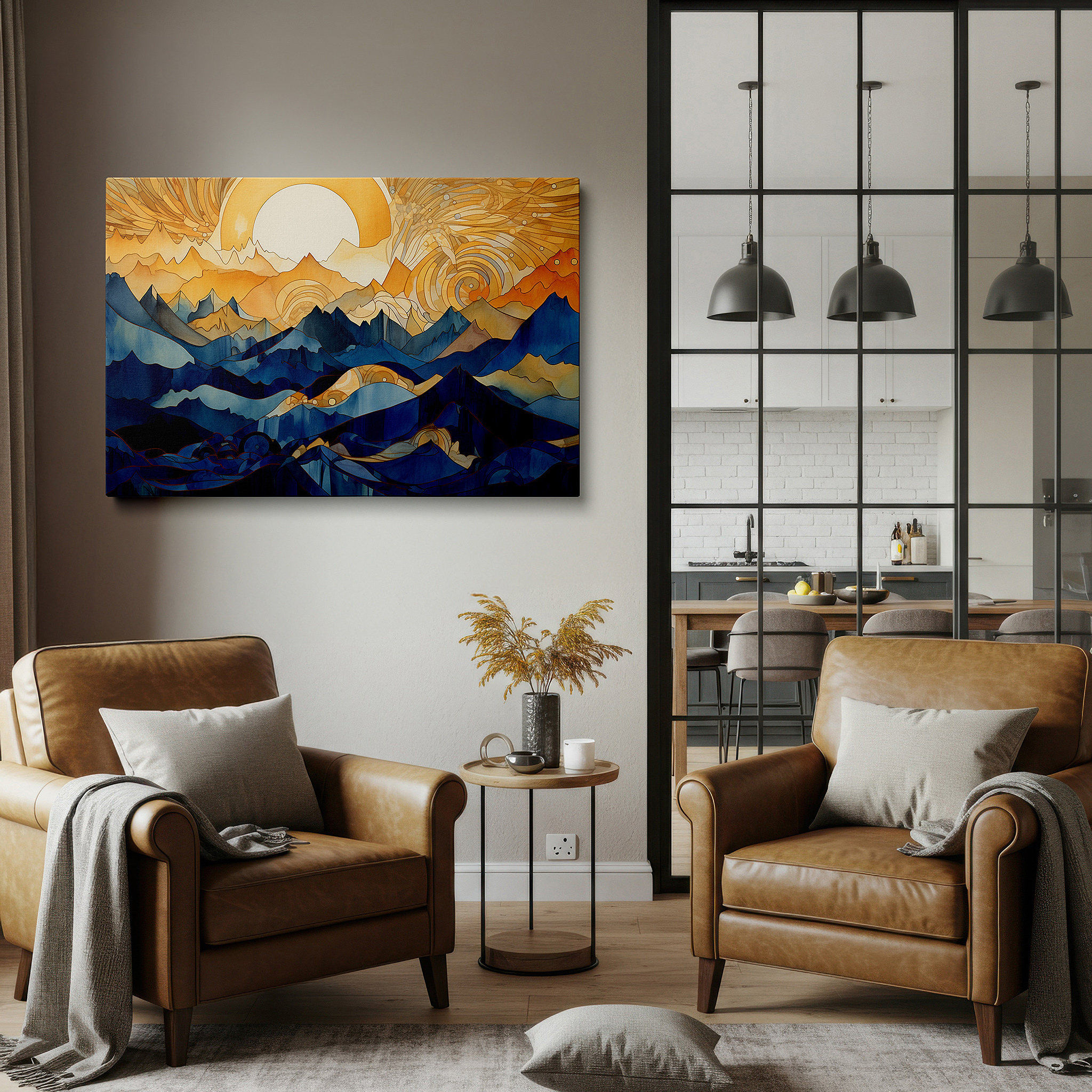 Aligned with a curated gallery wall of abstract artworks — vibrant mountain landscape in bold blues and bright oranges, perfectly balancing energy and calmness, large wall art, canvas wall art