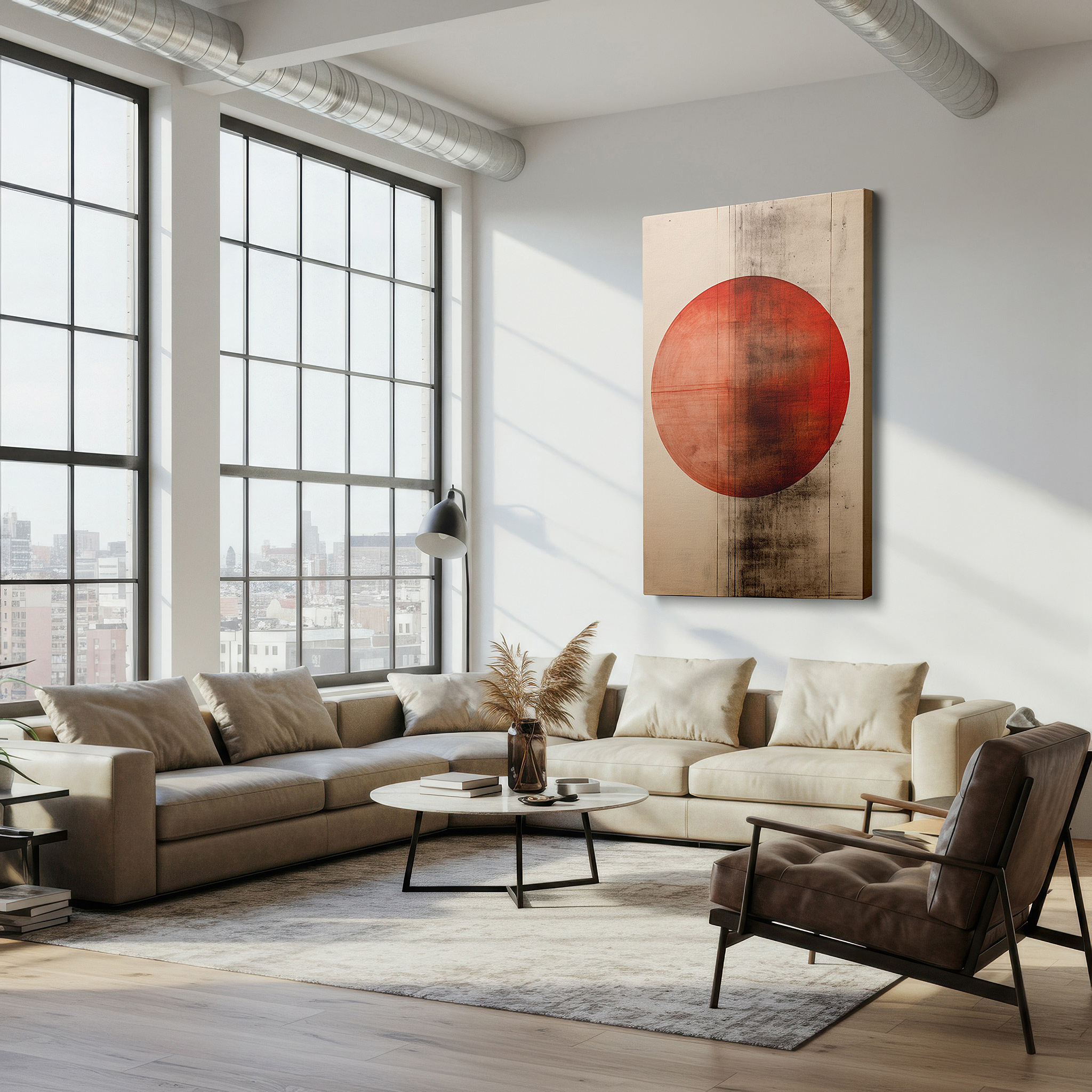 Aligned with a curated gallery wall of abstract artworks — vibrant red circle on textured natural background, representing unity and energy - large wall art, canvas wall art, wall decor for office and bedroom
