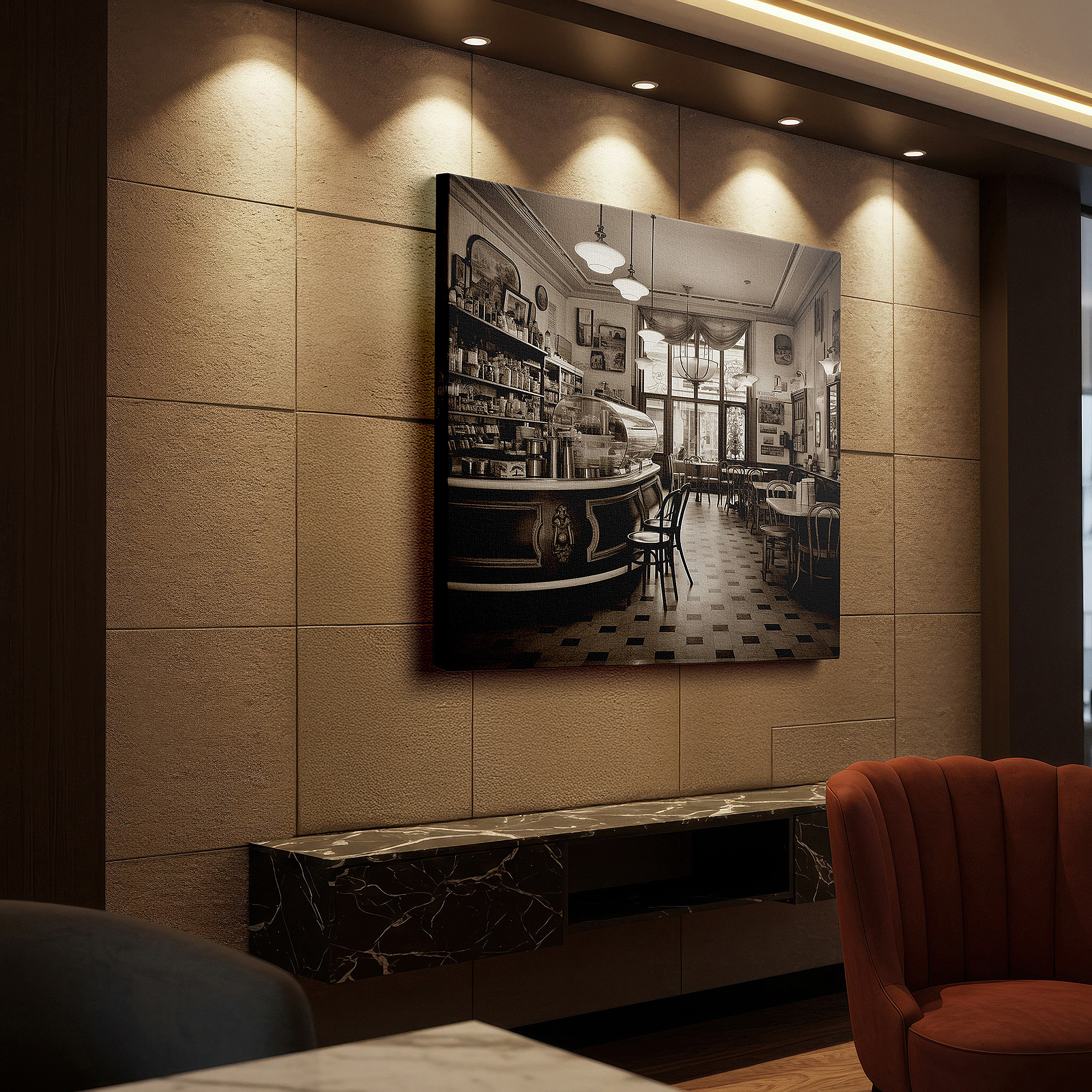 Aligned with a curated gallery wall of abstract artworks — wall art: experience the timeless charm of a café - journey into nostalgia with warmth and comfort. explore large wall art, canvas wall art, and decor for offices and bedrooms.