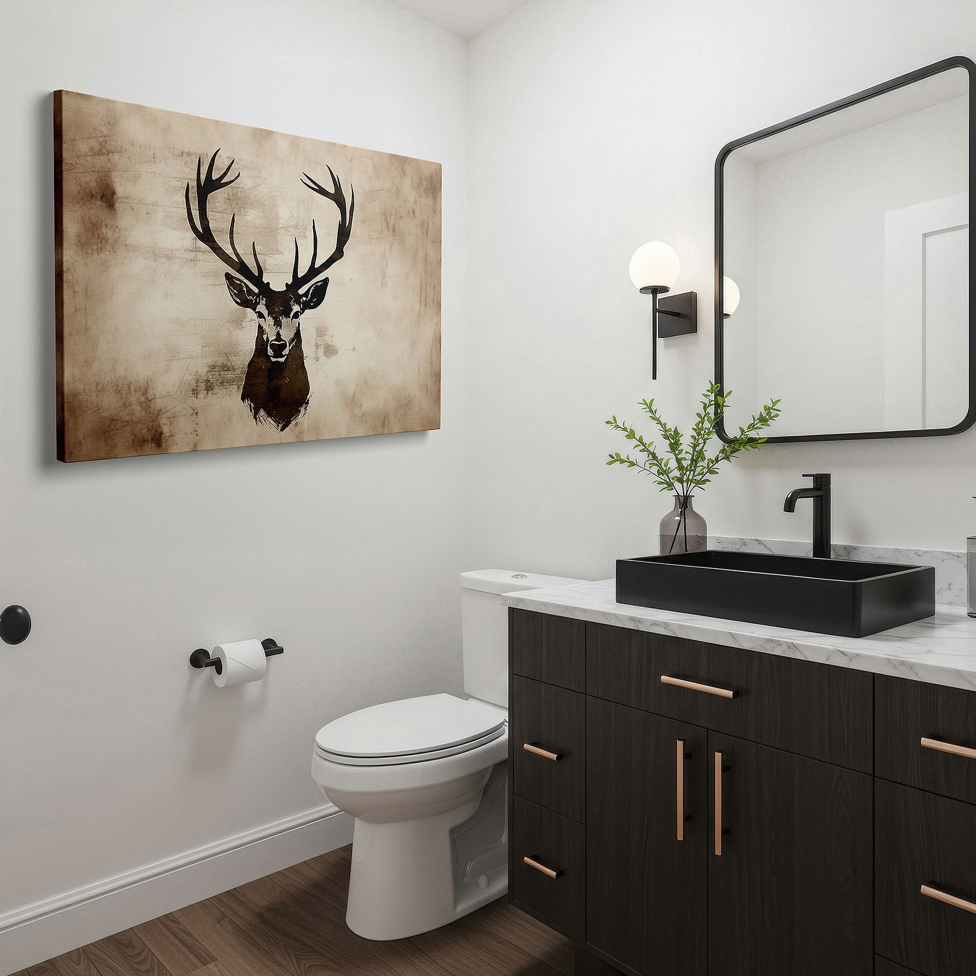 Aligned with a curated gallery wall of abstract artworks — wall art: majestic stag at dawn, emblem of wild elegance and
