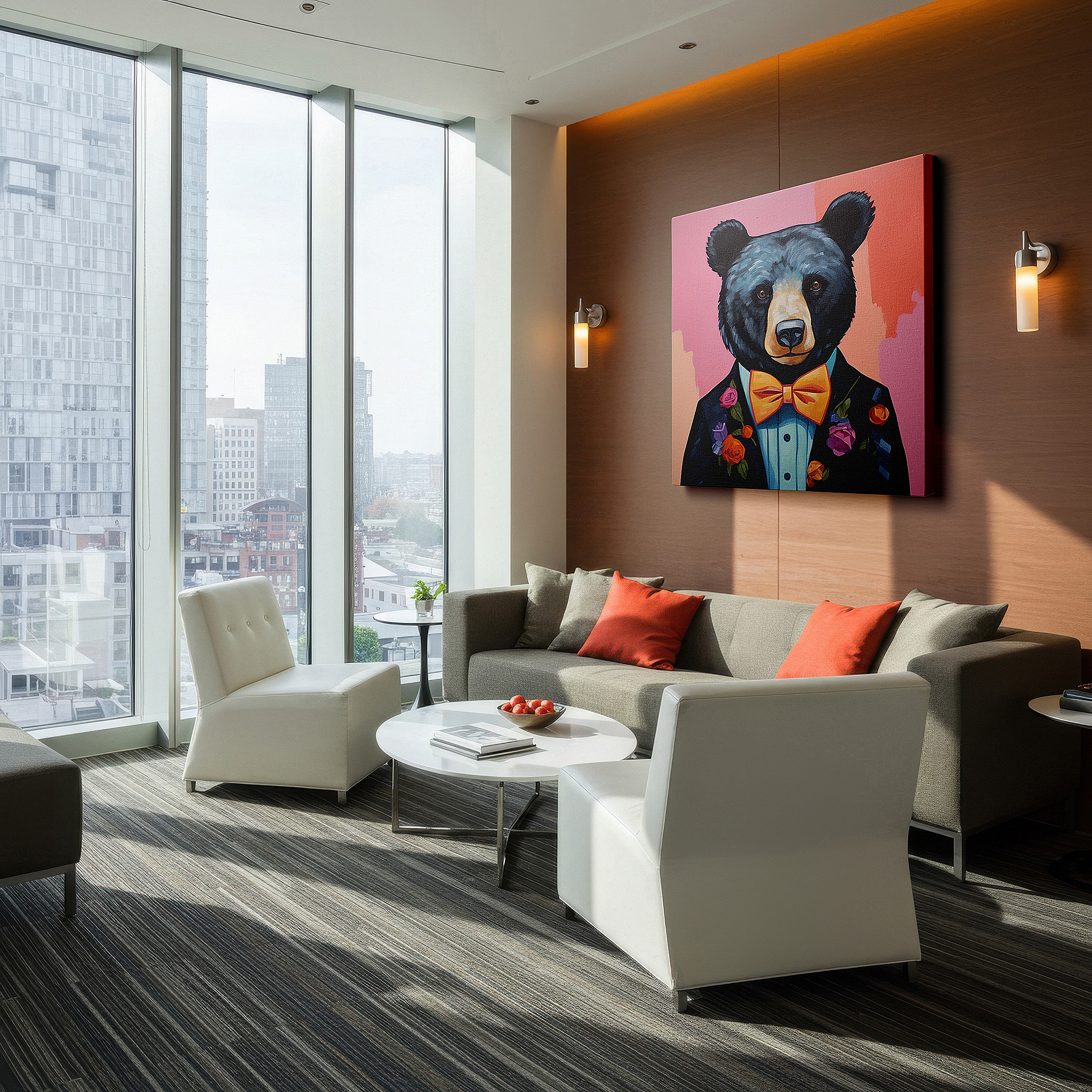 Aligned with a curated gallery wall of abstract artworks — wall art: stylish bear in elegant attire with floral designs - perfect for home and office decor, available as large canvas wall art for bedrooms and other spaces.