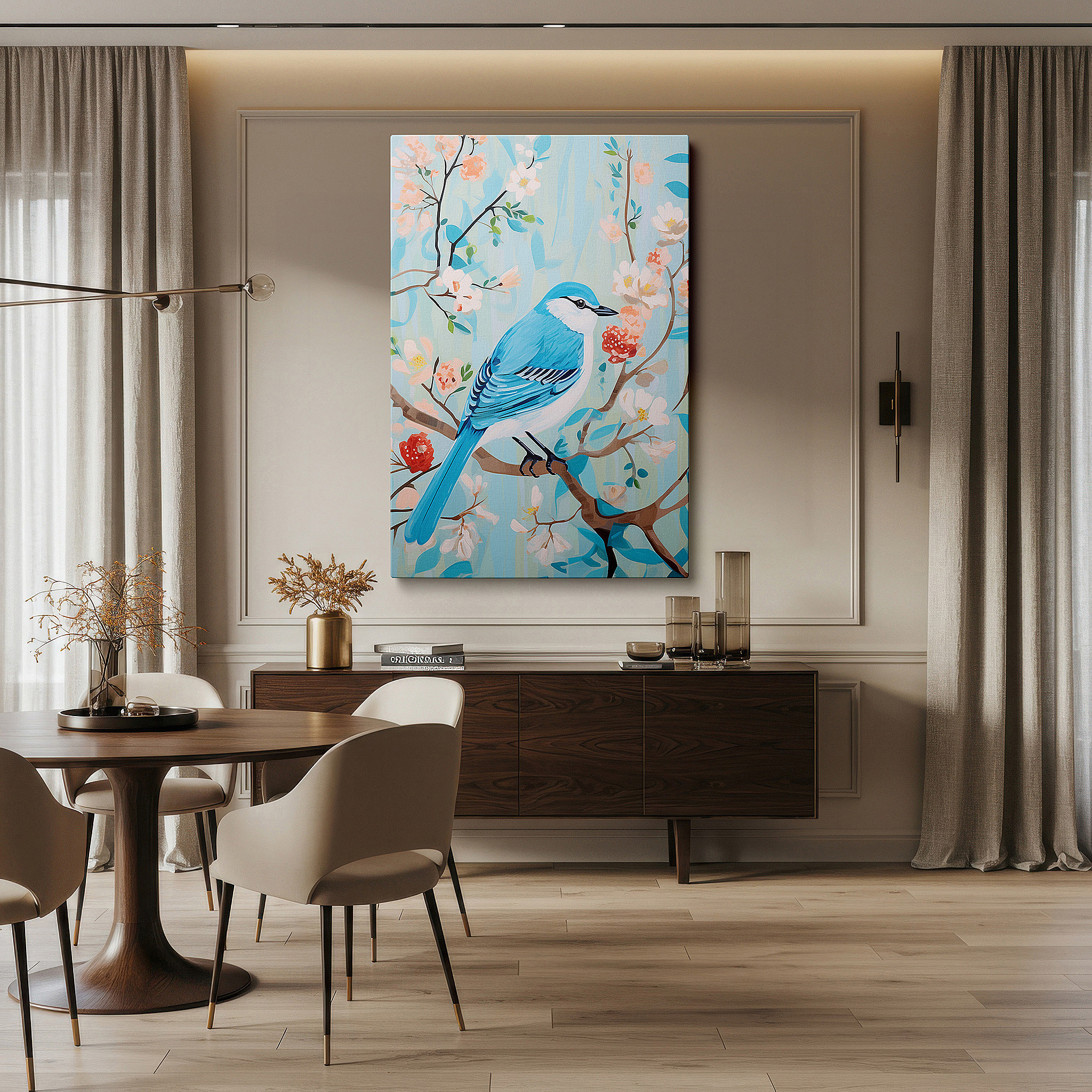 Aligned with a curated gallery wall of abstract artworks — wall art: tranquil nature scene featuring a blue bird on a flower-filled branch - large canvas wall art for office and bedroom decor