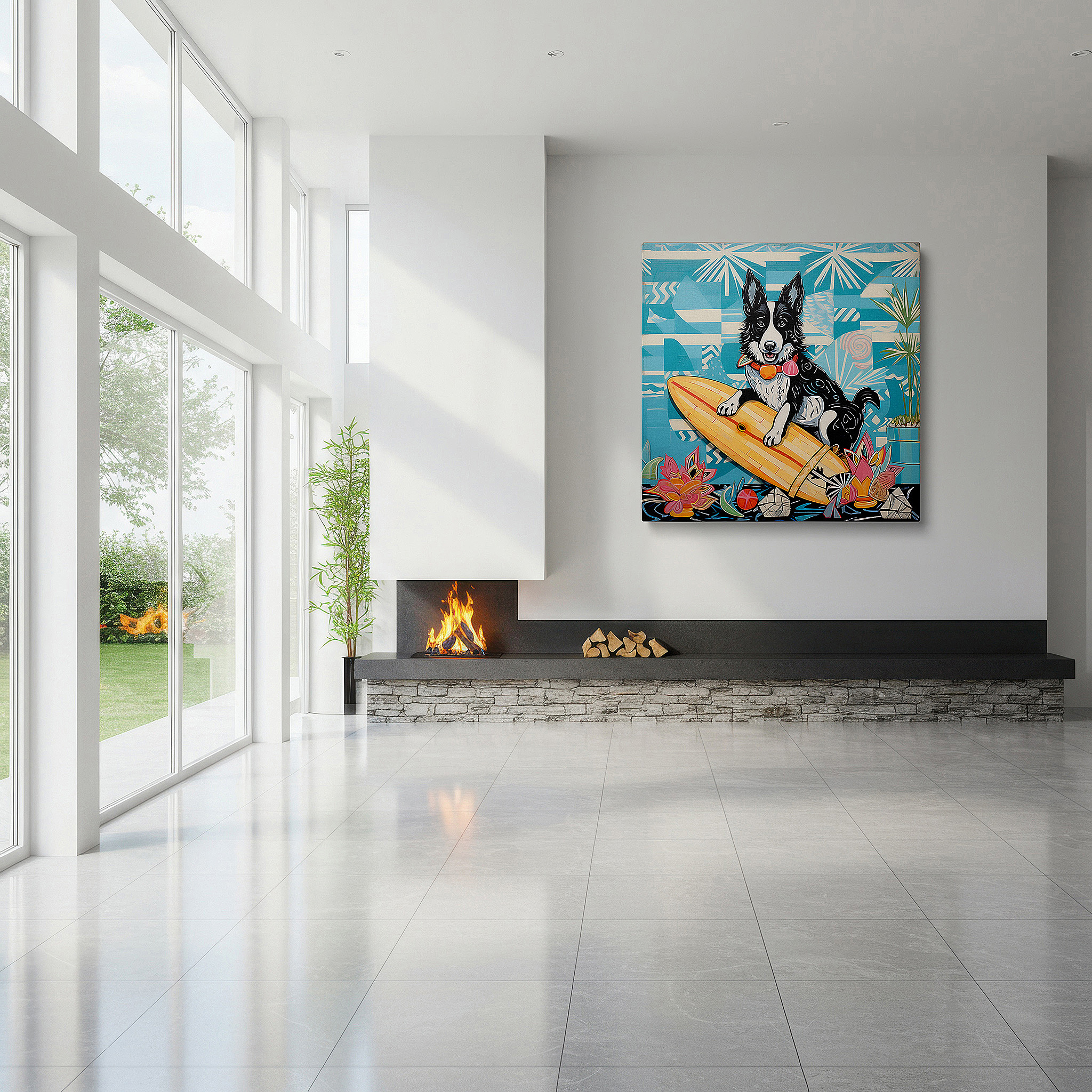 Aligned with a curated gallery wall of abstract artworks — wall decor: "joyful summer adventures" - surfing dog in sunglasses, large canvas art for office, bedroom, and living room