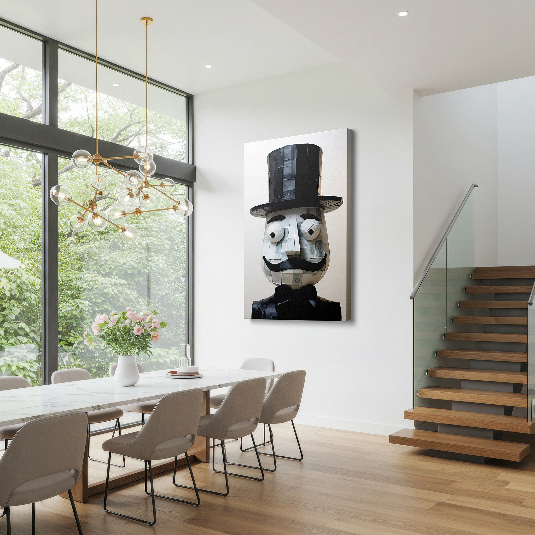 Aligned with a curated gallery wall of abstract artworks — whimsical figure with top hat and bow tie: a joyful centerpiece for creative spaces - large canvas wall art for office decor