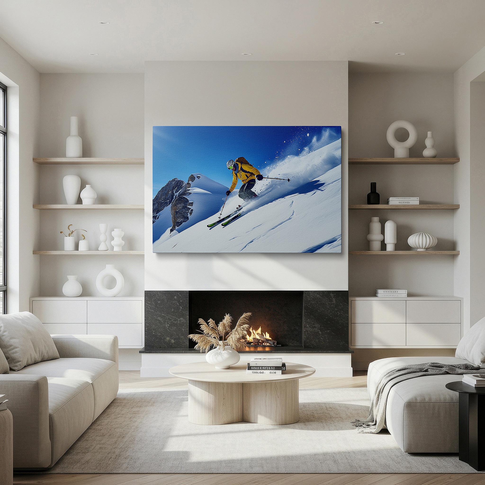 Aligned with a curated gallery wall of abstract artworks — winter sports excitement: skier on snow-covered mountain with bright blue sky - large canvas wall art for home and office decor