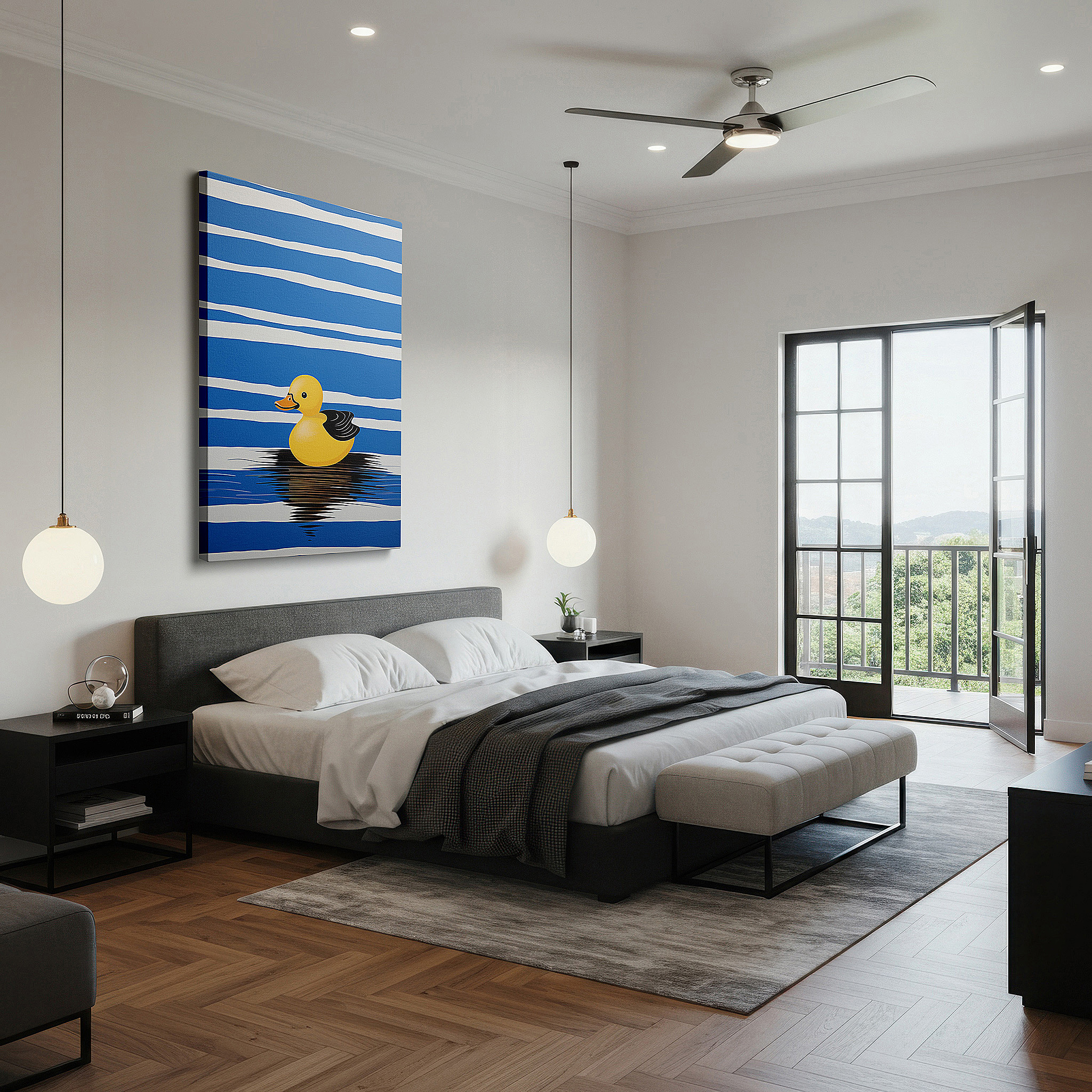 Aligned with a curated gallery wall of abstract artworks — yellow rubber duck on blue and white striped background, large canvas wall art evoking childhood memories