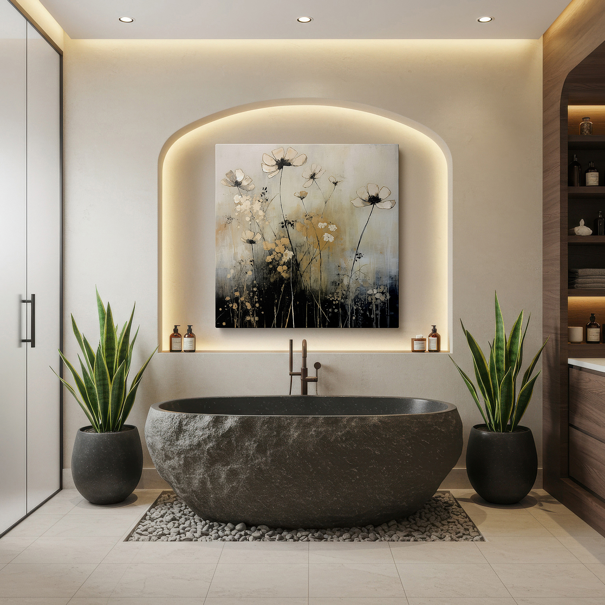 Available in 30×20 cm — a subtle addition to small personal spaces — abstract floral harmony with ethereal blooms and golden accents, large canvas wall art for office, bedroom, and living room decor