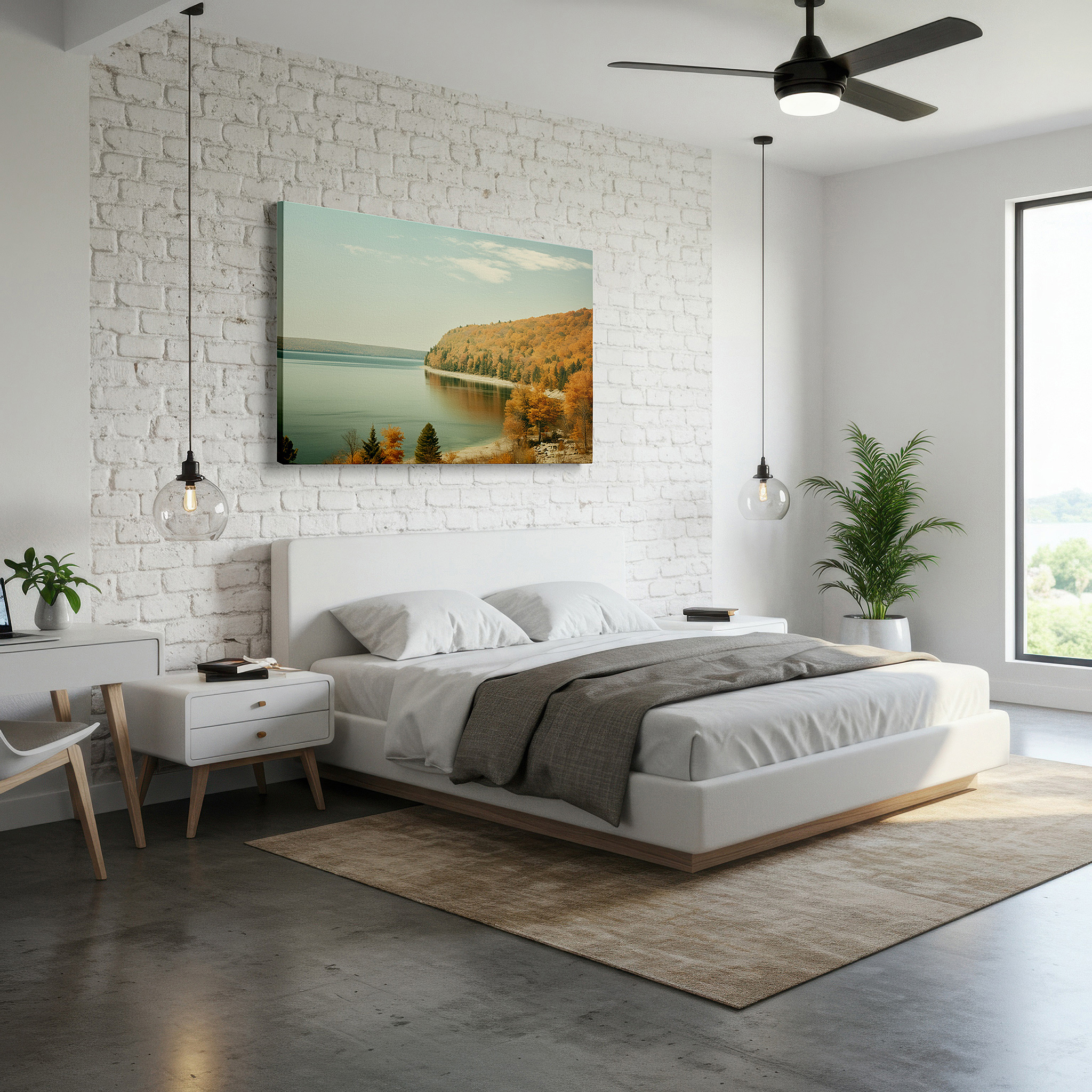 Available in 30×20 cm — a subtle addition to small personal spaces — autumn reflections by the lake: serene nature's palette large wall art, canvas decor for office and bedroom
