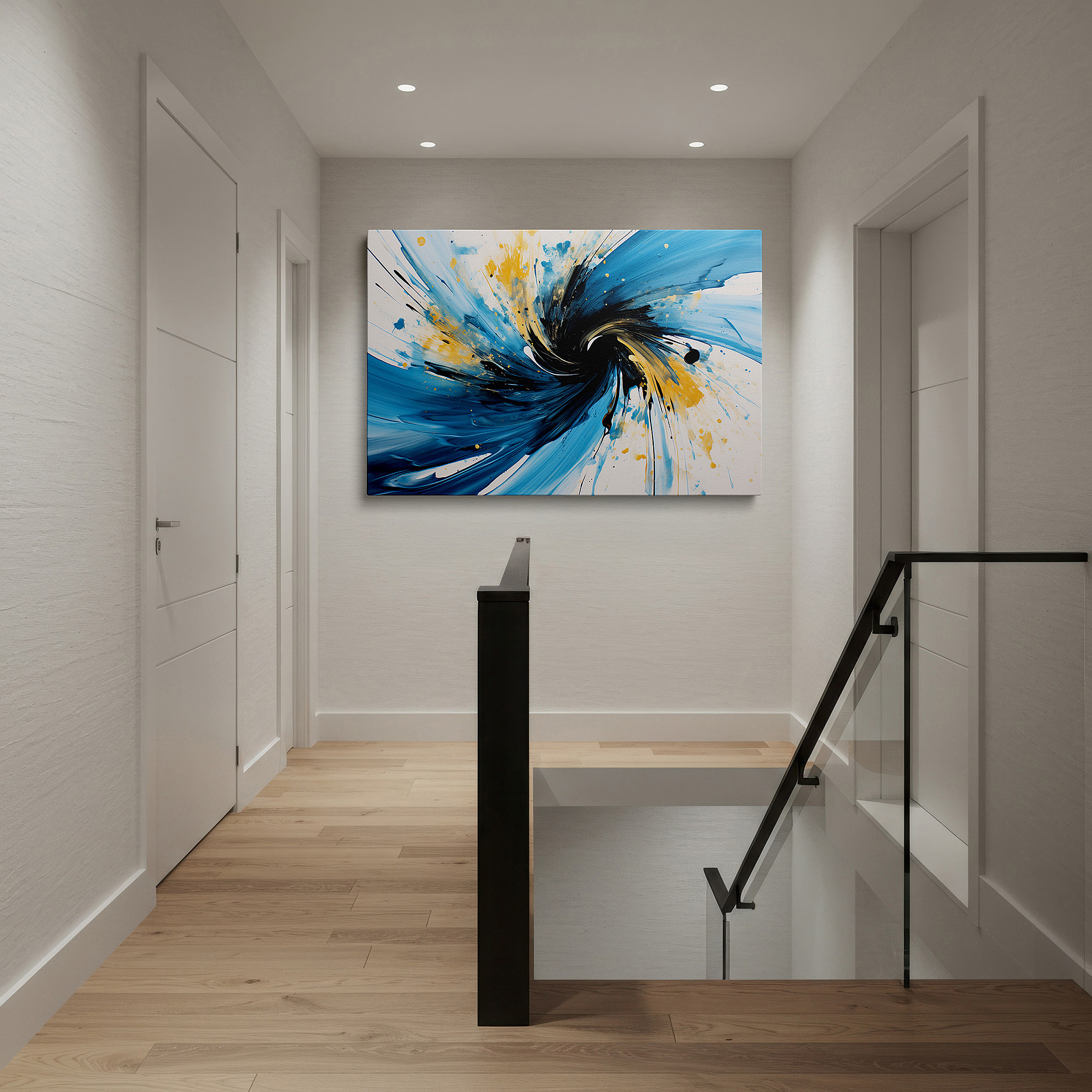 Available in 30×20 cm — a subtle addition to small personal spaces — blue and yellow dynamic swirls depicting cosmic motion and playful creativity - large canvas wall art for office and bedroom decor