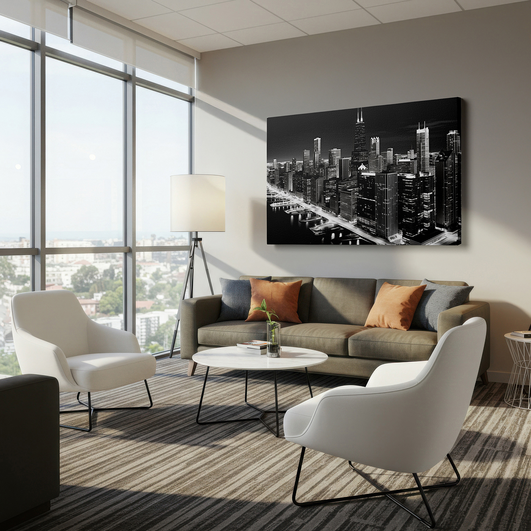Available in 30×20 cm — a subtle addition to small personal spaces — chicago skyline at night in black and white: majestic view with willis tower dominating the skyscrapers - large canvas wall art