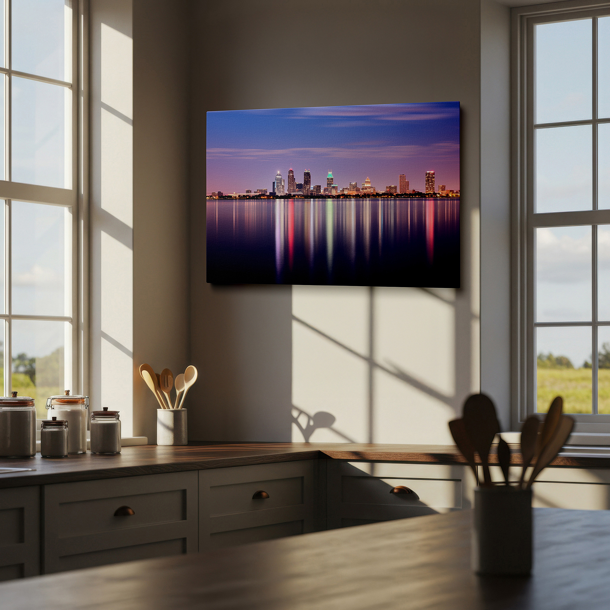 Available in 30×20 cm — a subtle addition to small personal spaces — cleveland skyline at dawn - serene transition with renewal and optimism hues large wall art, canvas wall art, wall art decor, office wall art