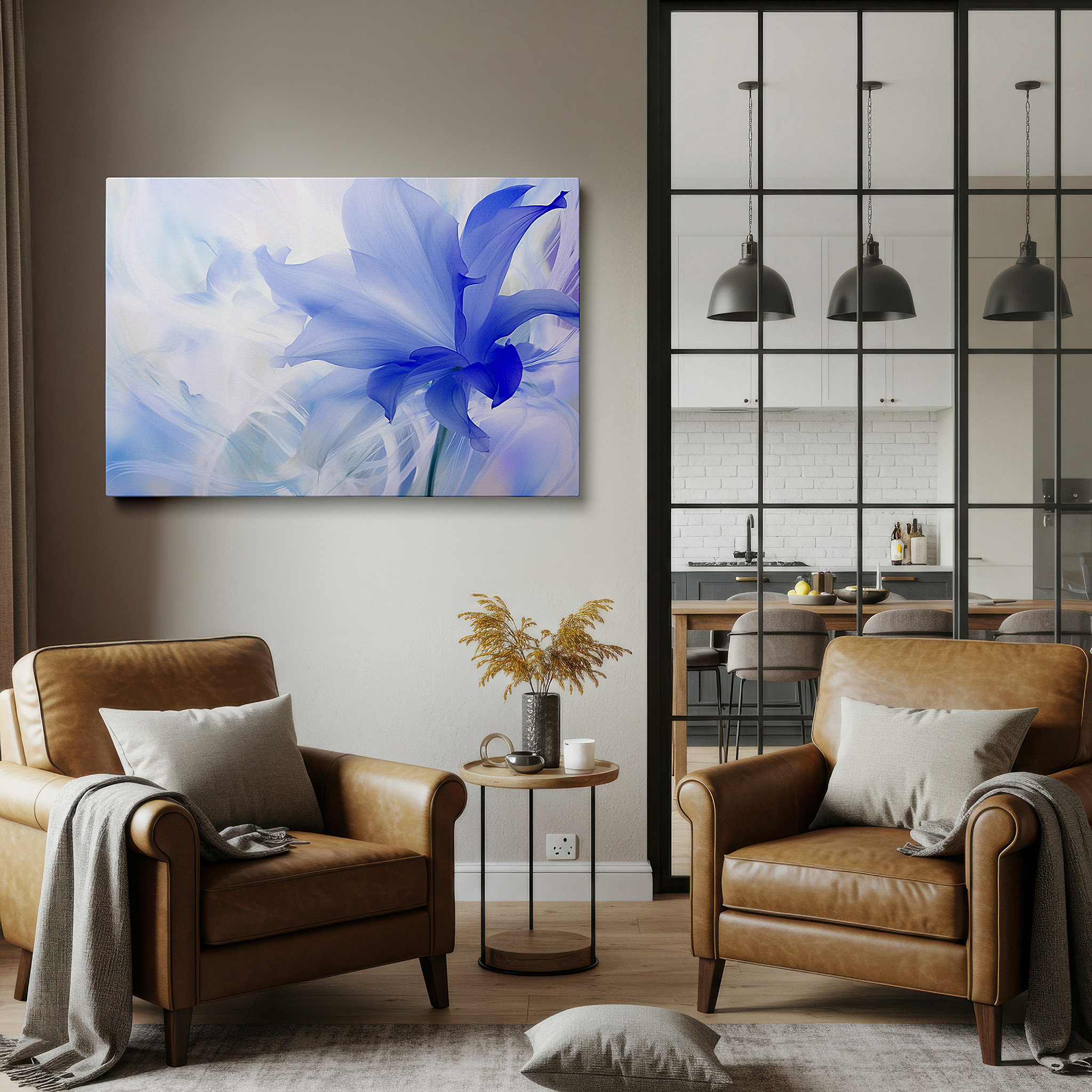 Available in 30×20 cm — a subtle addition to small personal spaces — dreamy solitary blue flower opening petals large wall art, canvas decor for office and bedroom