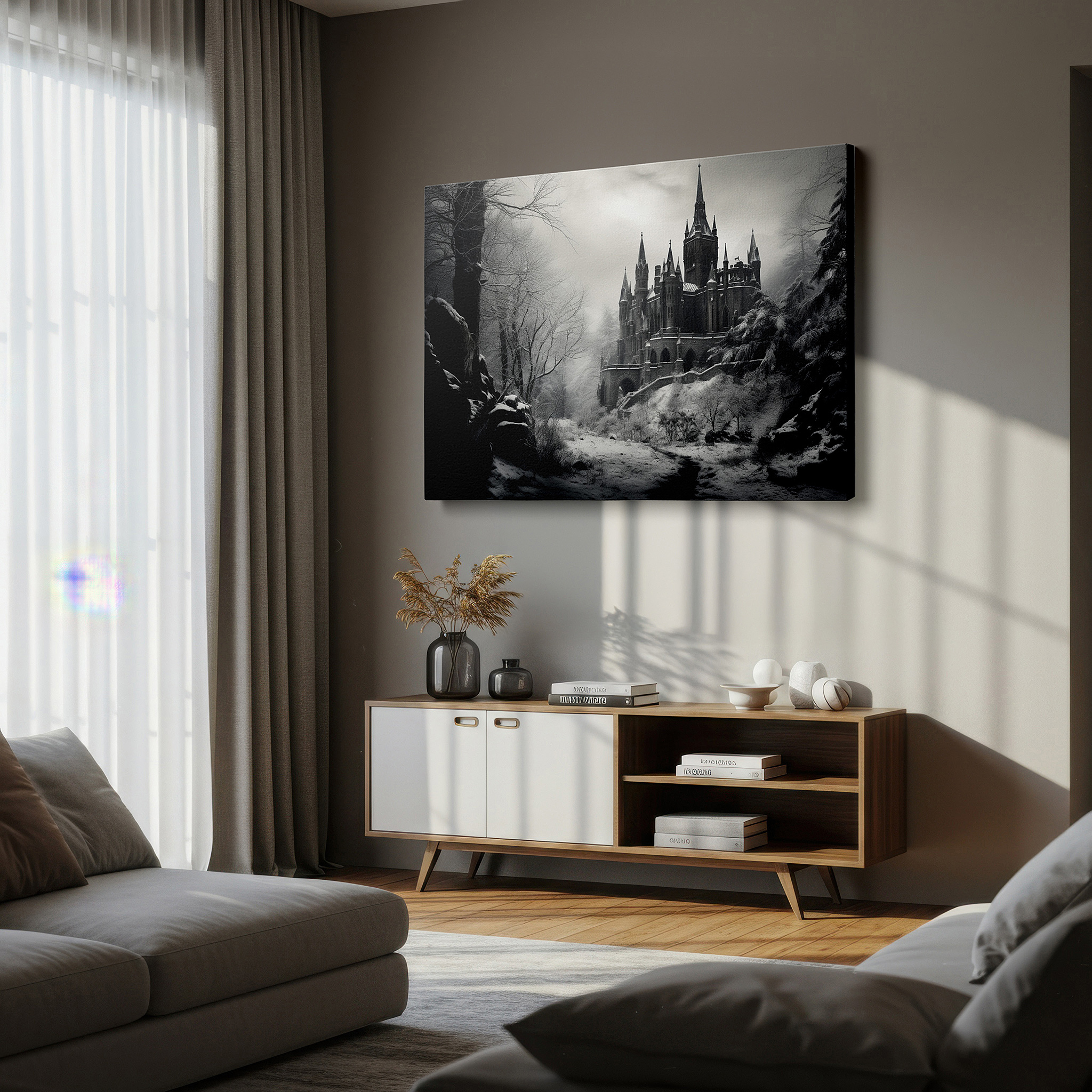Available in 30×20 cm — a subtle addition to small personal spaces — elegant majestic castle in a snowy wonderland: old-world charm large wall art, canvas wall art, wall decor for office and bedroom