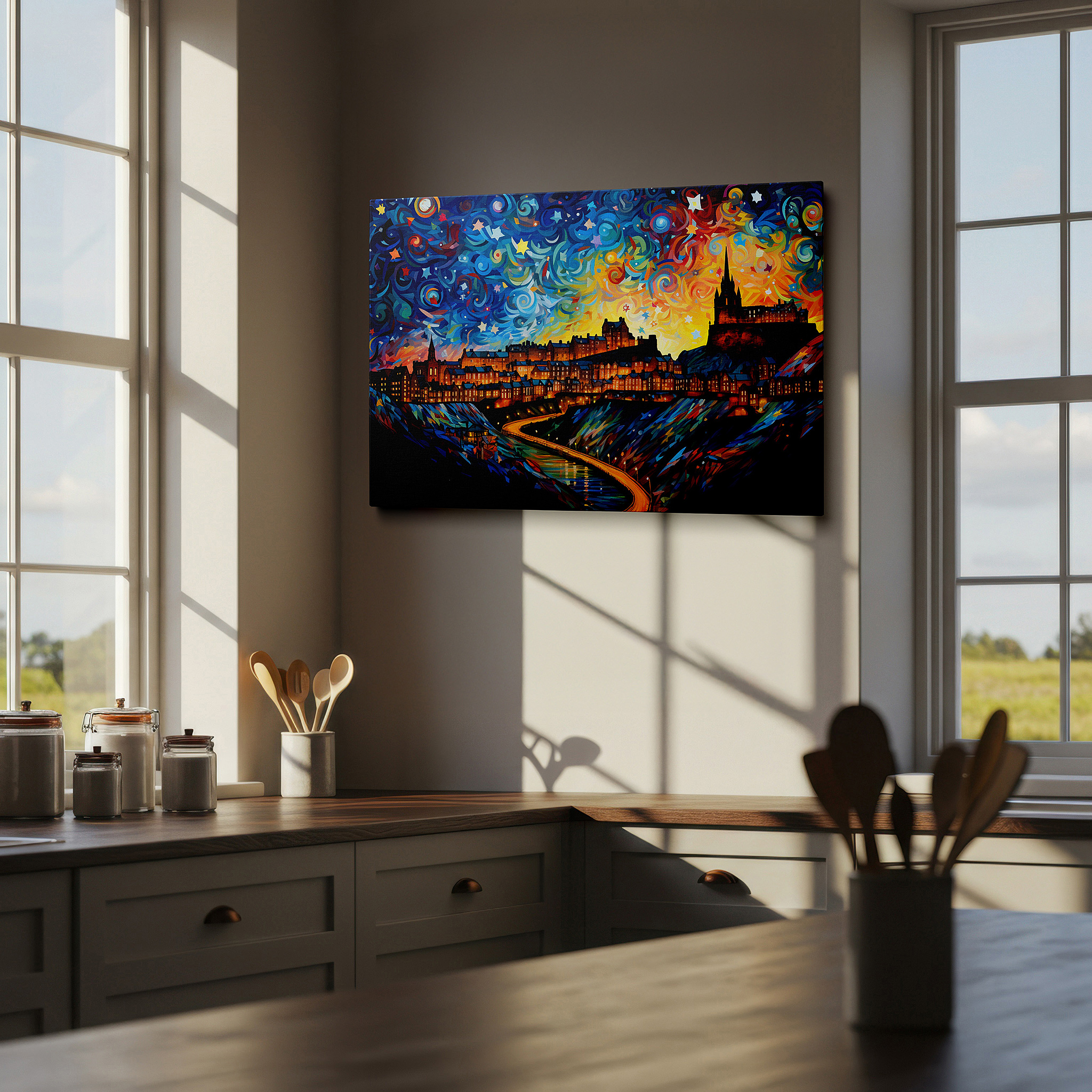 Available in 30×20 cm — a subtle addition to small personal spaces — enchanted edinburgh beneath starlit skies - vibrant and magical cityscape large wall art, canvas wall art, wall decor for office and bedroom