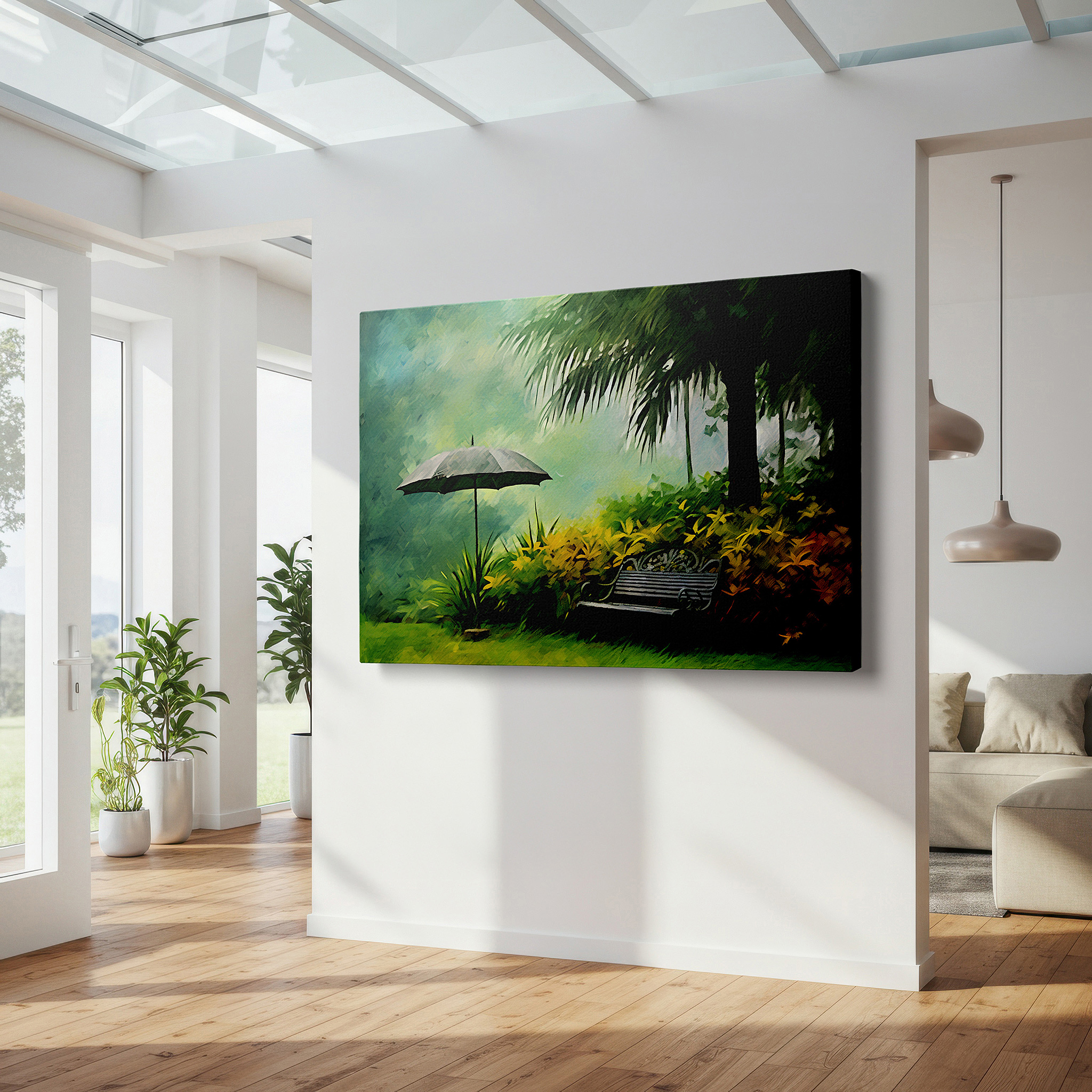 Available in 30×20 cm — a subtle addition to small personal spaces — enchanting garden oasis featuring a hidden bench beneath a grey umbrella, a peaceful retreat surrounded by lush greenery and delicate flowers large wall art, canvas wall