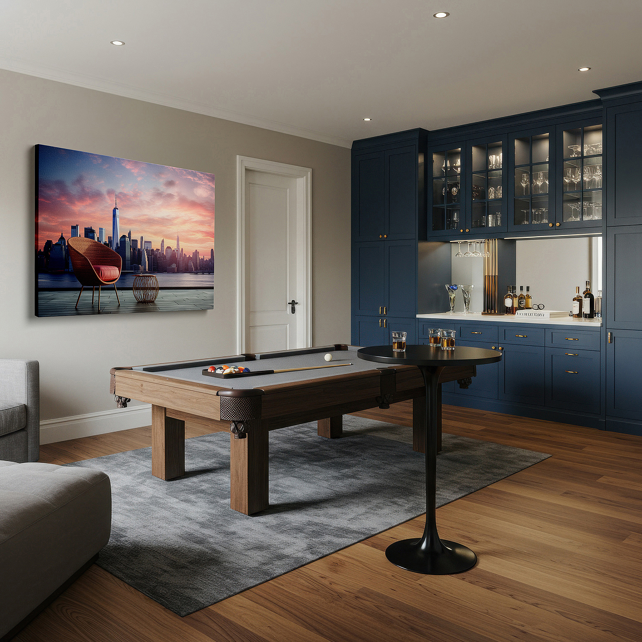 Available in 30×20 cm — a subtle addition to small personal spaces — experience the serene elegance of urban life with this chic sunset cityscape featuring a modern chair - large canvas wall art perfect for office decor
