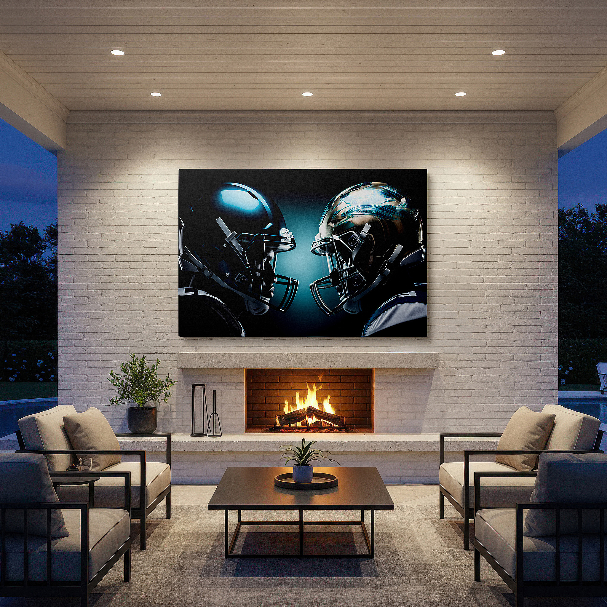 Available in 30×20 cm — a subtle addition to small personal spaces — football rivalry helmets - intense pre-game face-off depicting the competitive essence of football, large canvas wall art for office decor