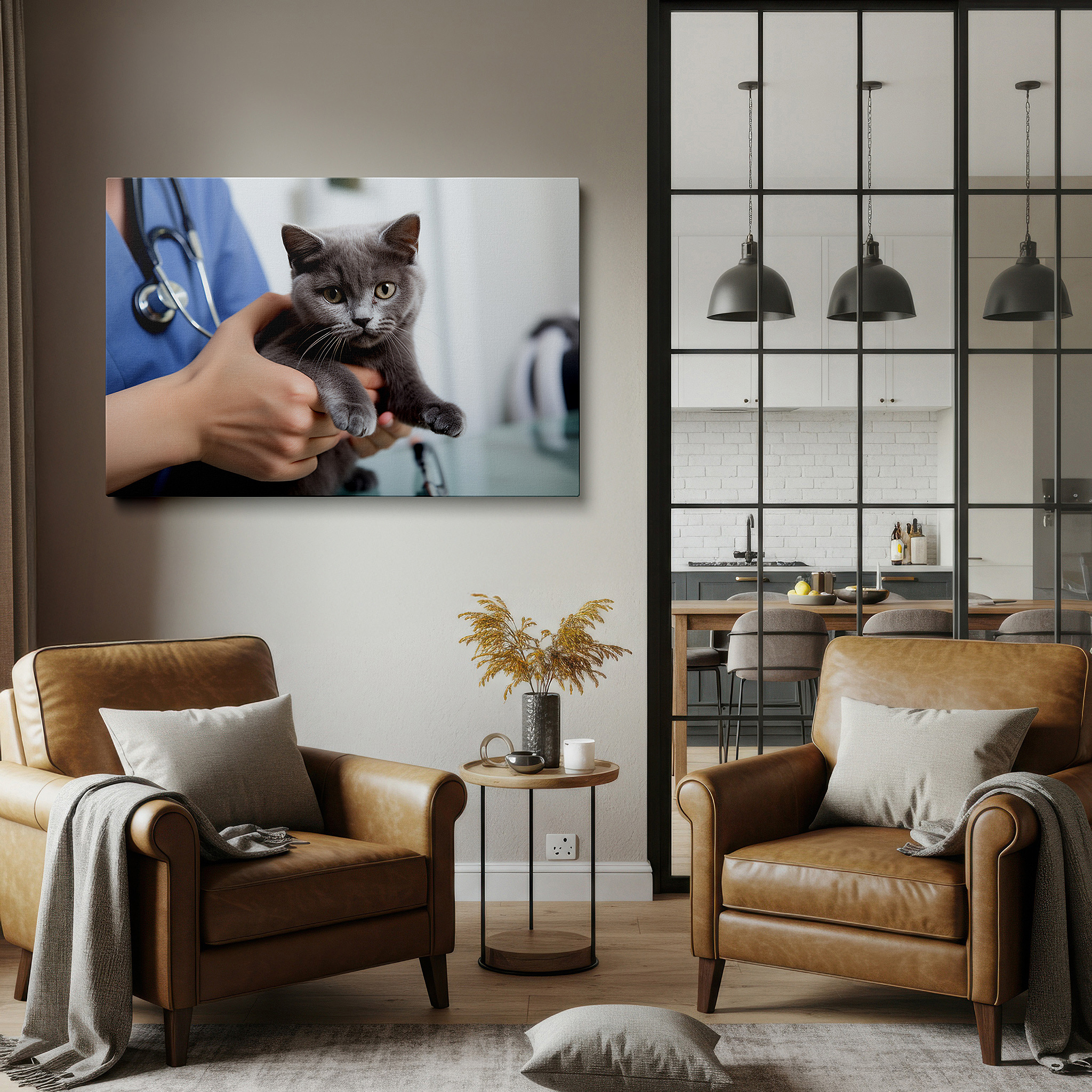 Available in 30×20 cm — a subtle addition to small personal spaces — gentle care moments - a veterinarian's soft embrace with a gray kitten wall art, large canvas decor for office and bedroom