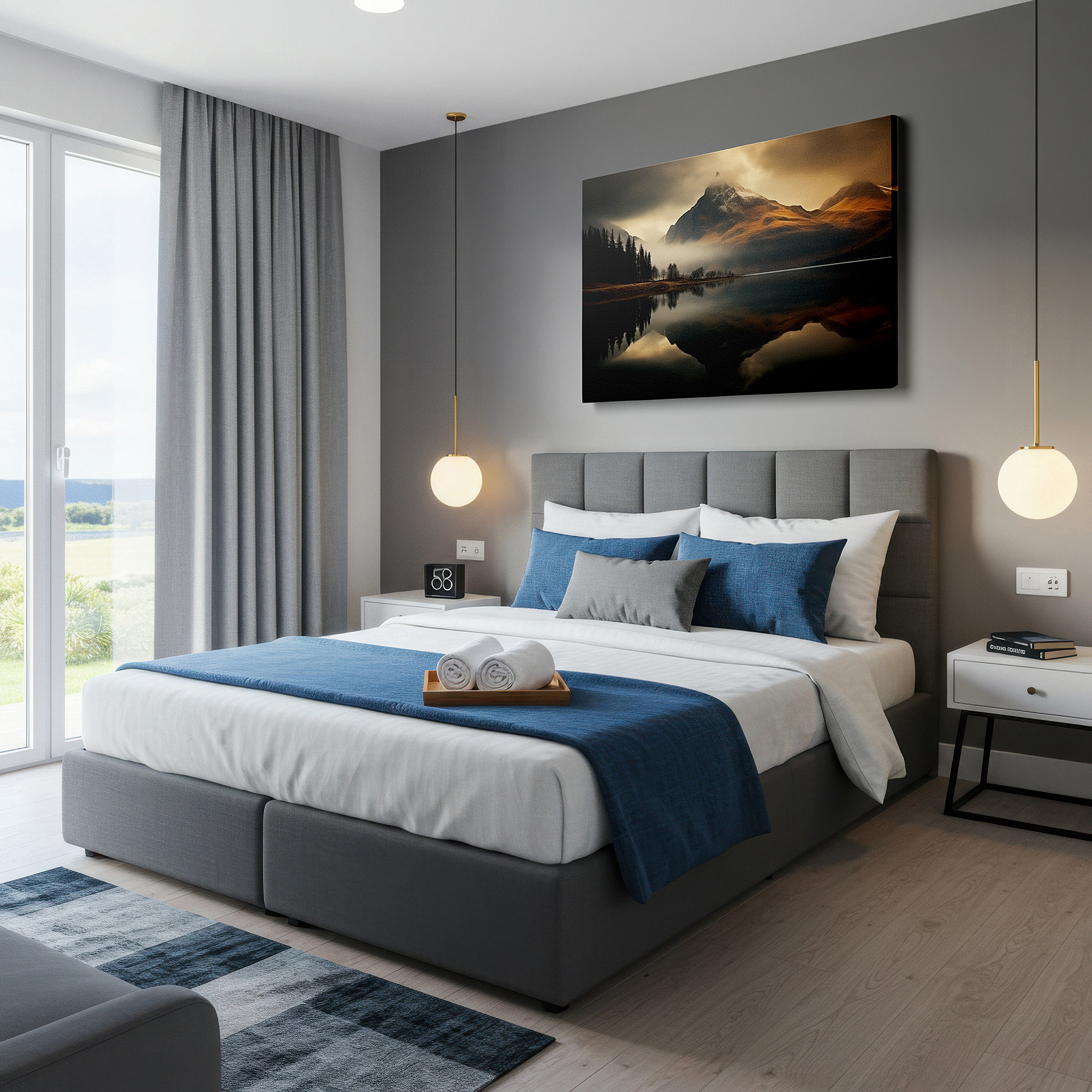 Available in 30×20 cm — a subtle addition to small personal spaces — golden sunset over majestic mountains and tranquil lake reflections large canvas wall art for office and bedroom decor
