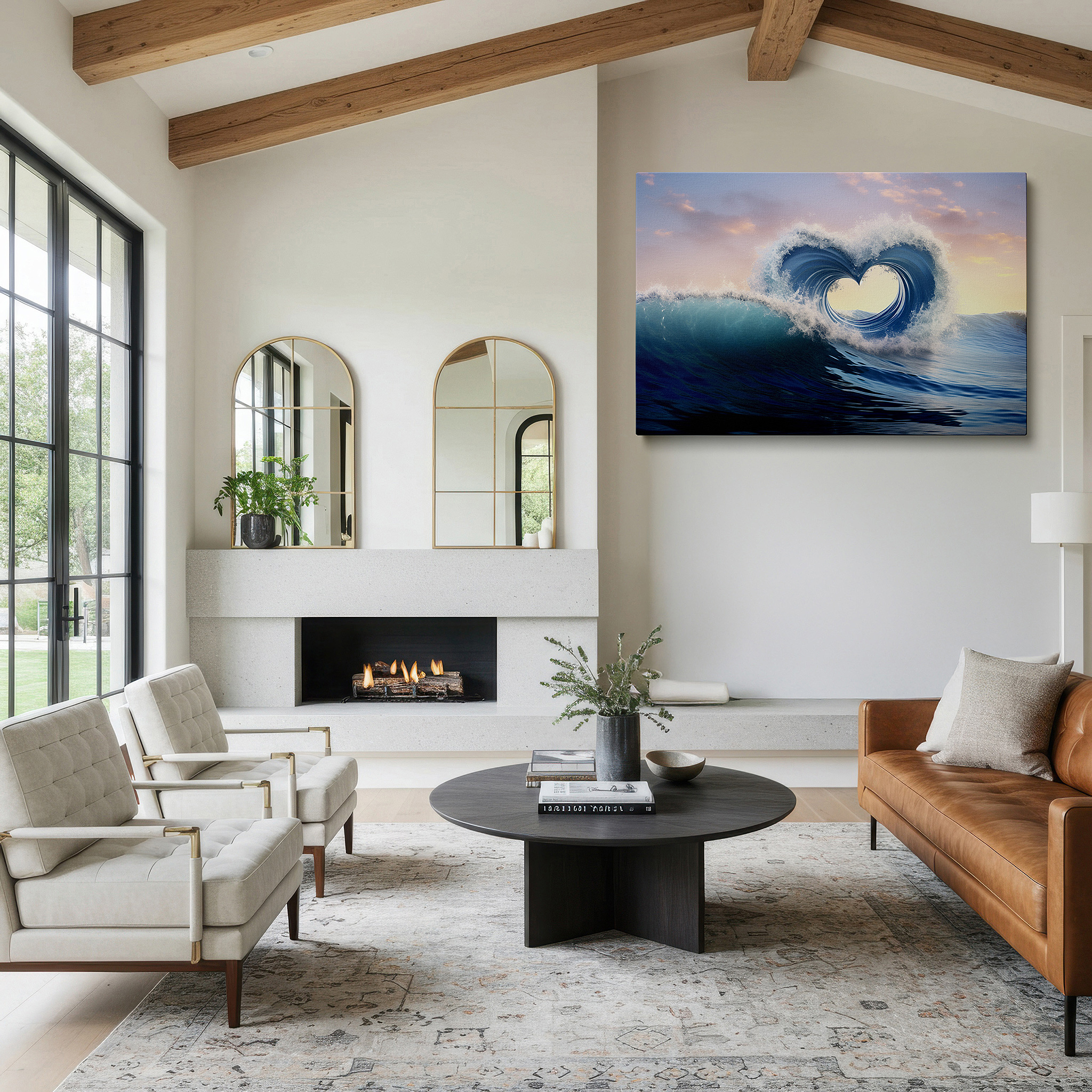 Available in 30×20 cm — a subtle addition to small personal spaces — "heart of the ocean" - serene seascape featuring a heart-shaped wave at dawn, large canvas wall art for home and office decor