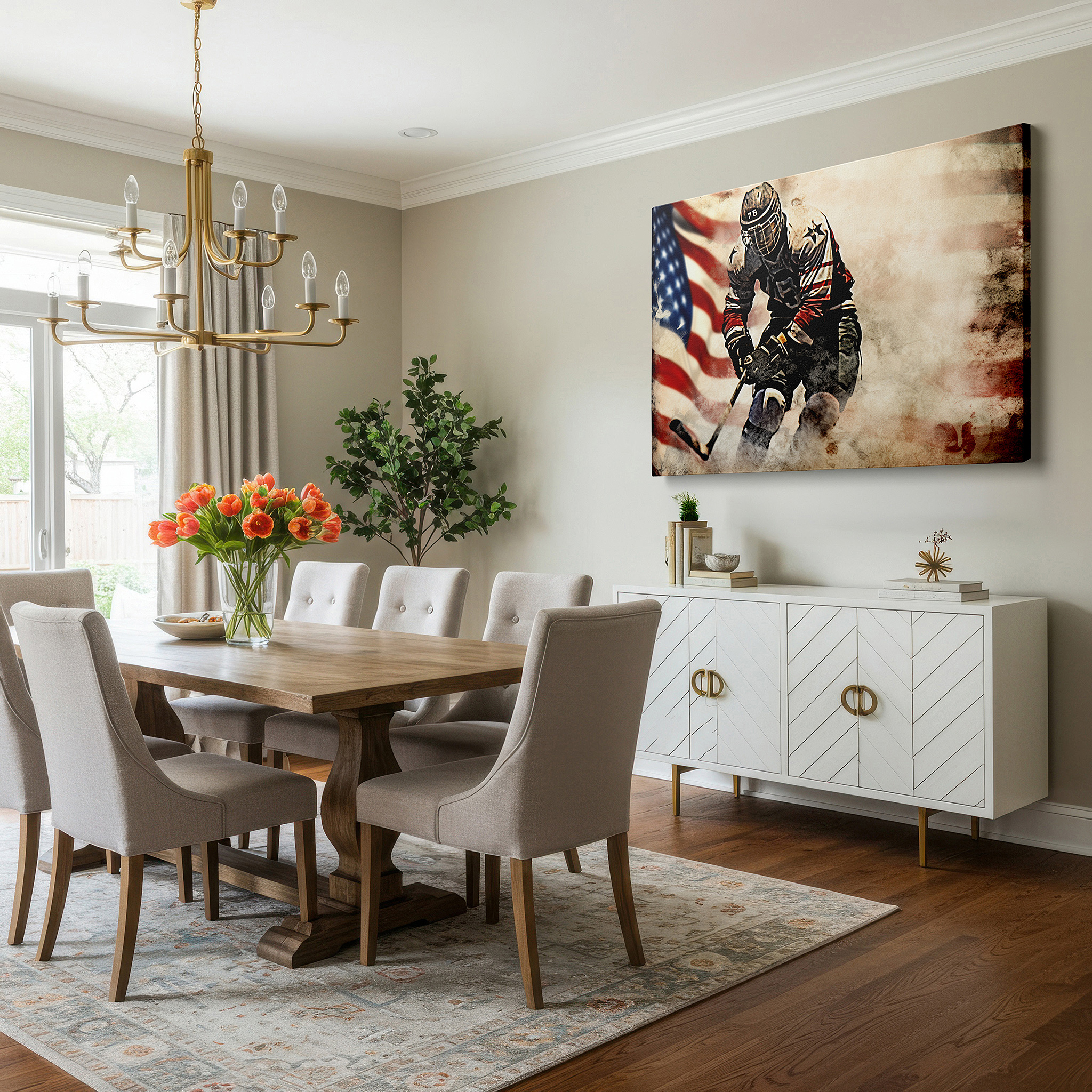Available in 30×20 cm — a subtle addition to small personal spaces — "hockey heroism in home design: a player's vigorous chase among stars and stripes" - large wall art, canvas wall art, wall decor for office