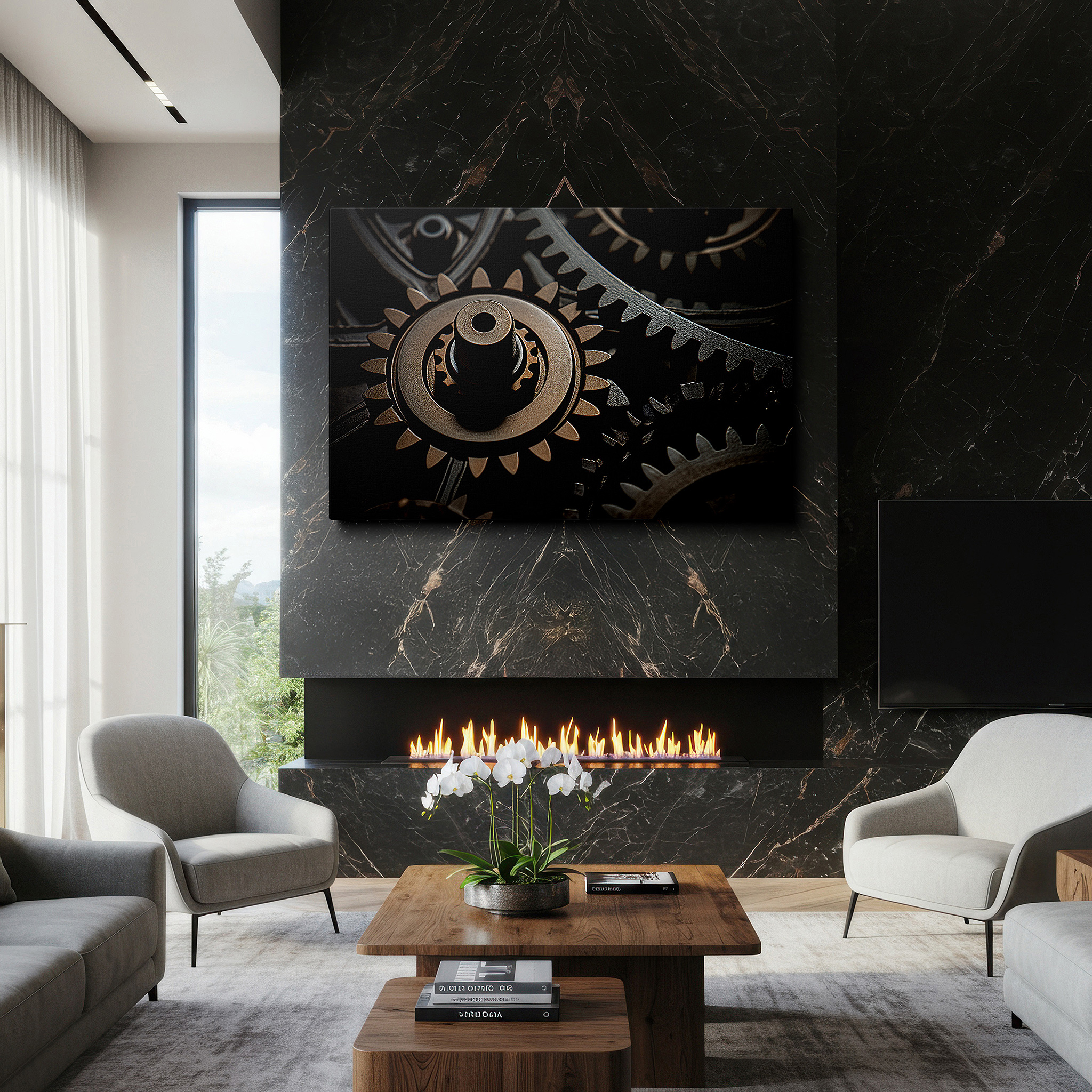 Available in 30×20 cm — a subtle addition to small personal spaces — interlocking metal gears wall art: a symphony of mechanical precision and artistic flair, perfect for office or bedroom decor, available as large canvas