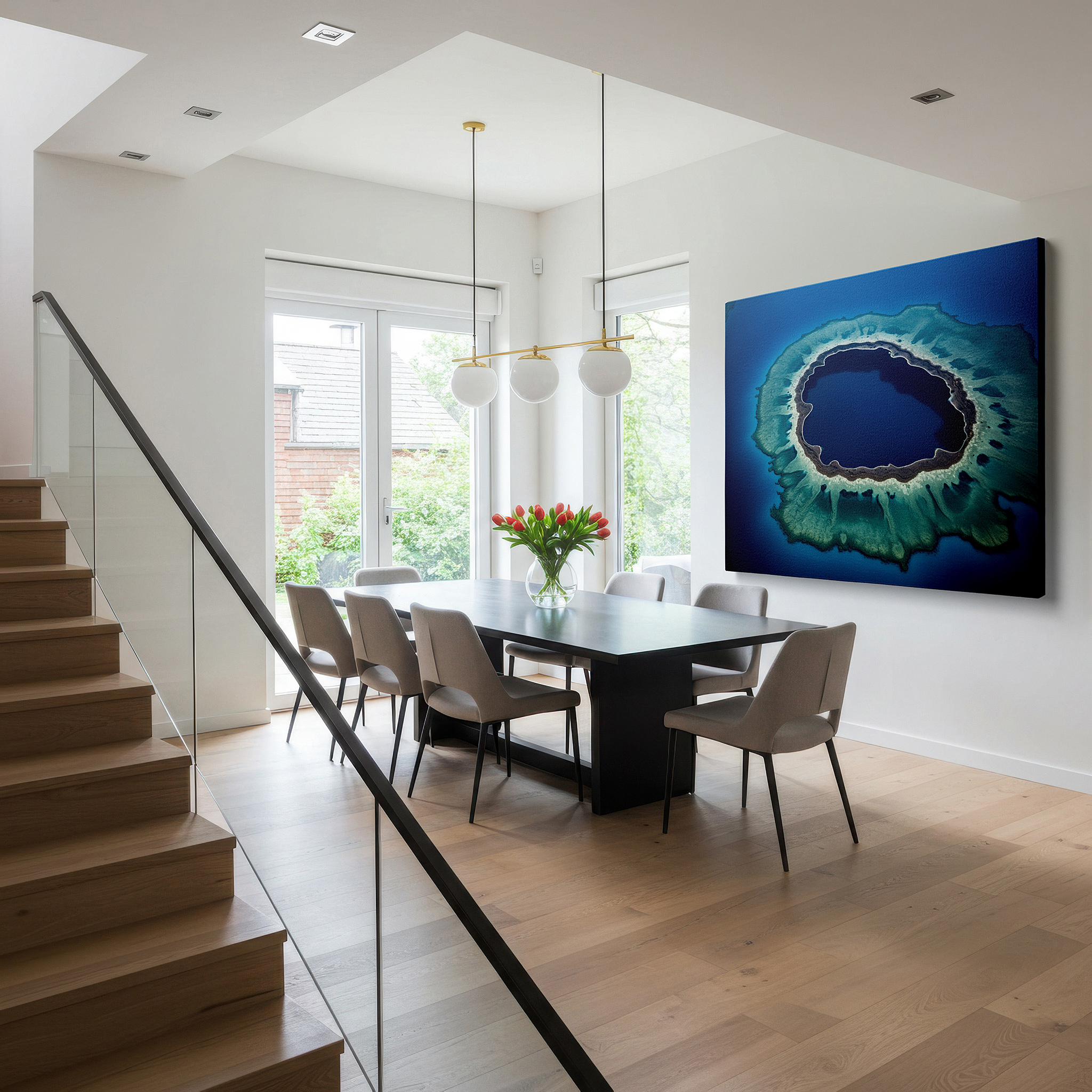 Available in 30×20 cm — a subtle addition to small personal spaces — lagoon aerial view: serene harmony of vivid coral, large canvas wall art for office decor