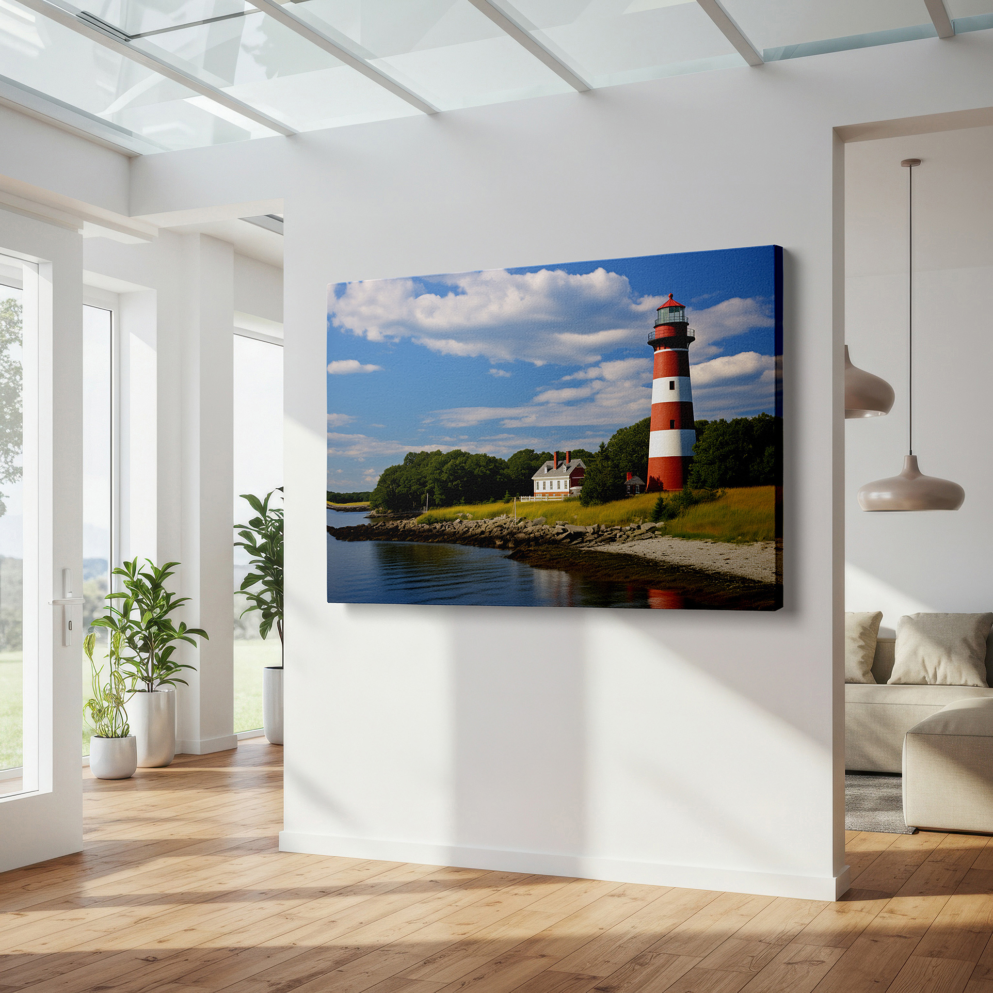 Available in 30×20 cm — a subtle addition to small personal spaces — luminous lighthouse by tranquil waters surrounded by verdant foliage under a bright morning sky - large canvas wall art for home and office decor