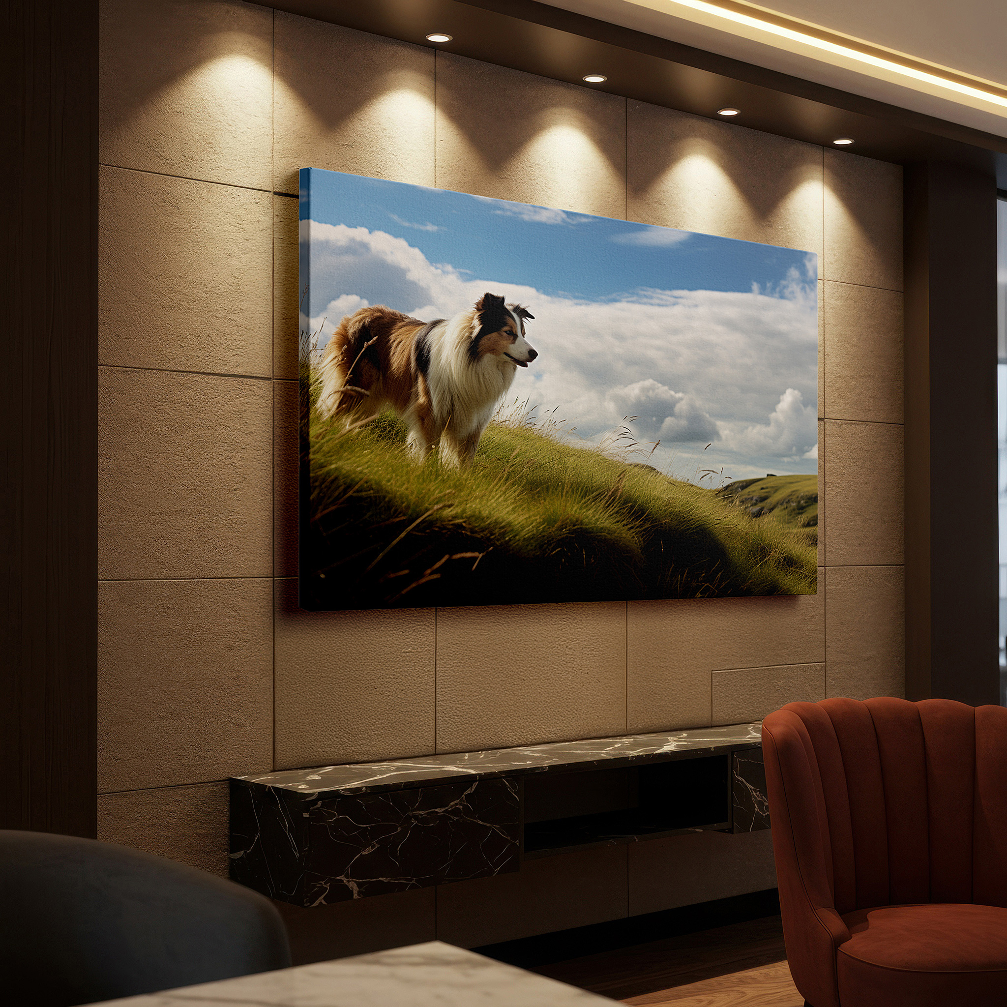 Available in 30×20 cm — a subtle addition to small personal spaces — majestic collie: guardian of the verdant hillside - a symphony of nature and tranquility, large canvas wall art for home and office decor