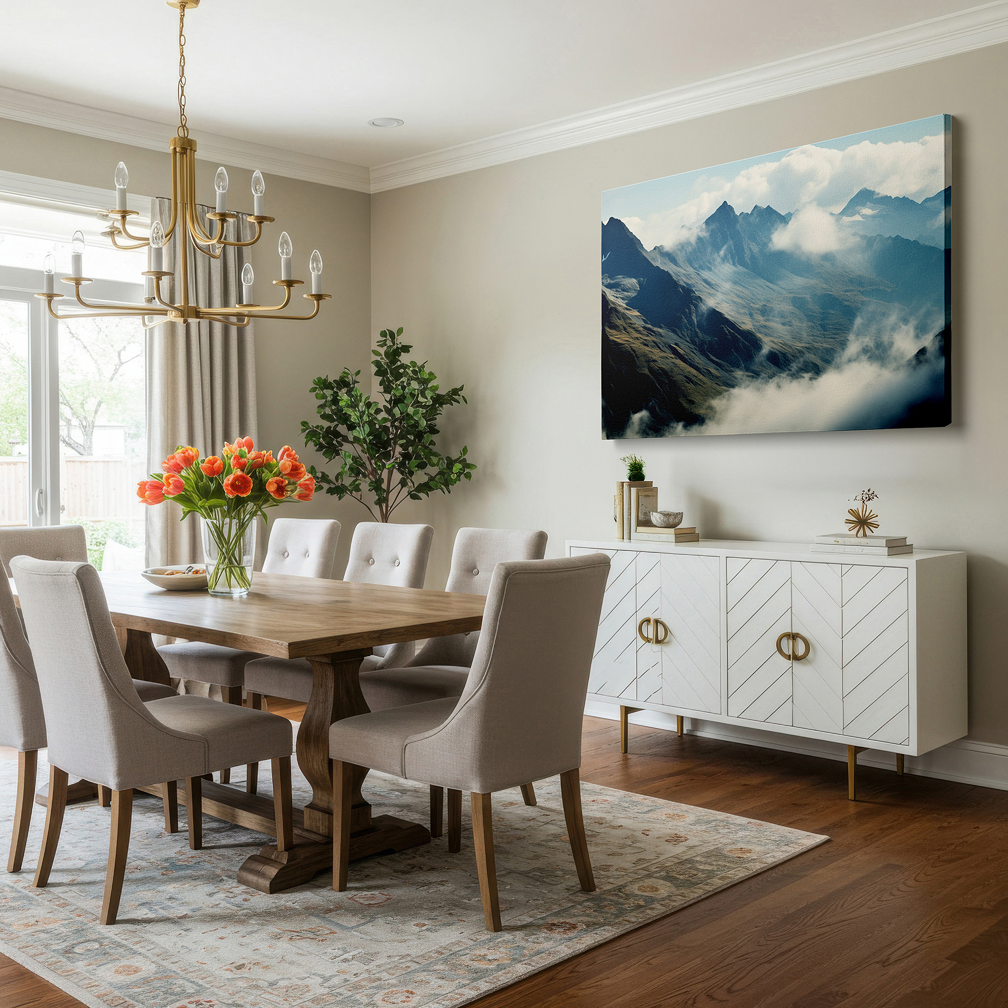Available in 30×20 cm — a subtle addition to small personal spaces — majestic mountain peaks ascending into cloud-covered skies, serene yet imposing landscape large wall art, canvas wall art, wall decor for office