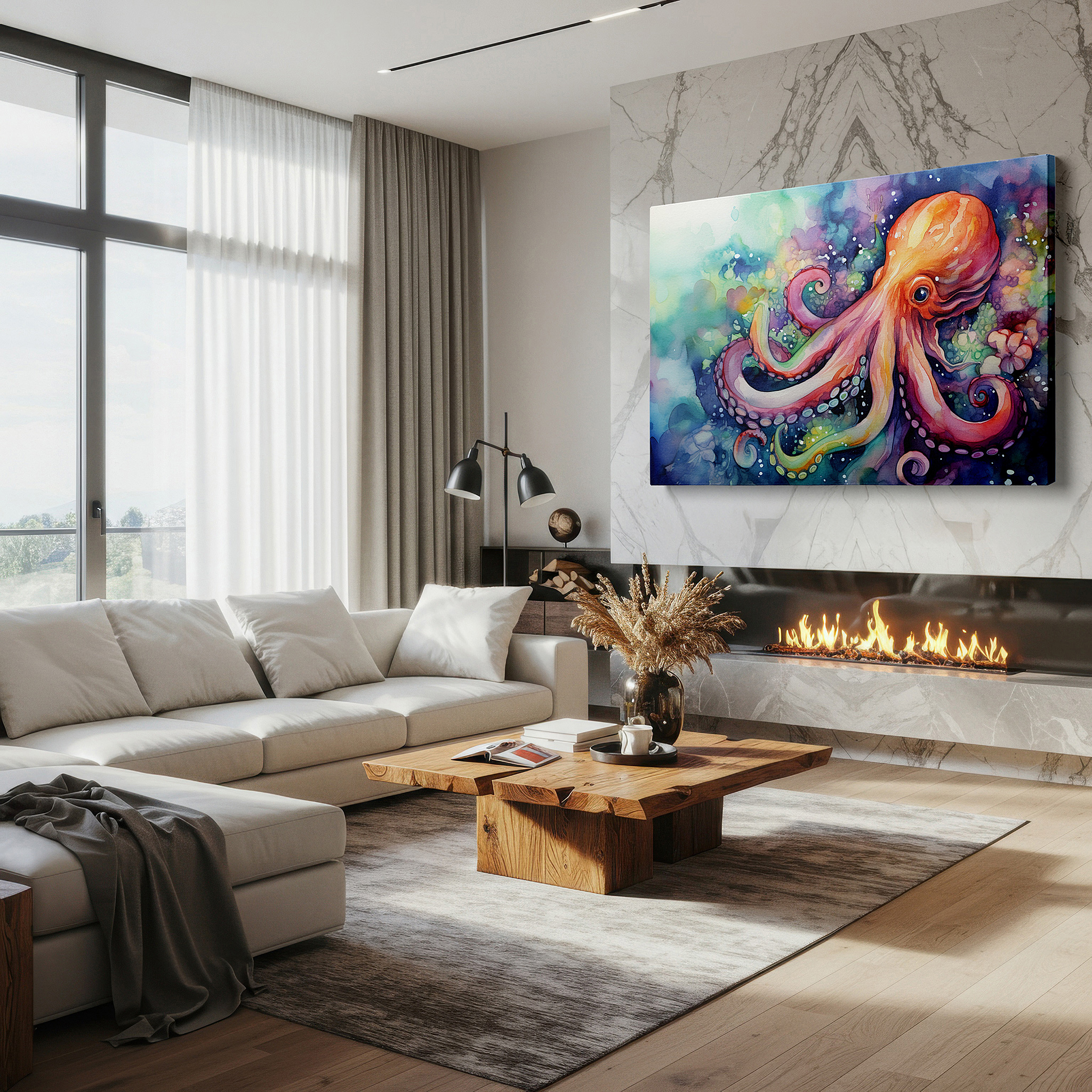 Available in 30×20 cm — a subtle addition to small personal spaces — majestic octopus and vibrant underwater city beneath soft sunlit waves large wall art, canvas wall art, wall decor for office and bedroom