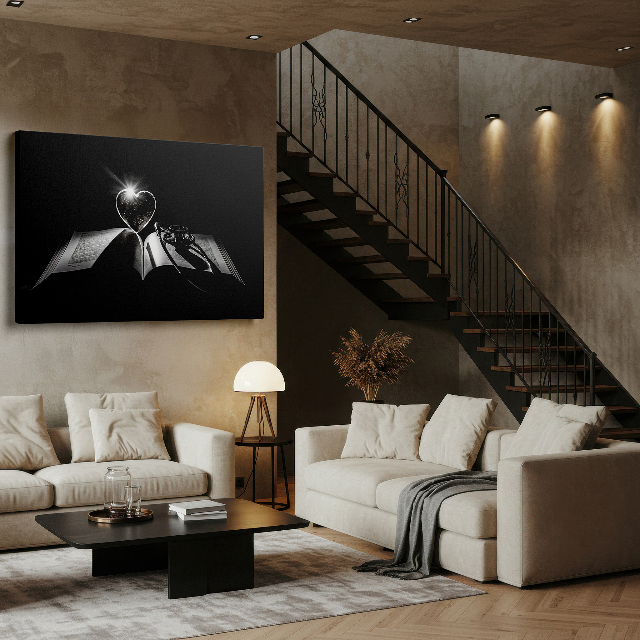 Available in 30×20 cm — a subtle addition to small personal spaces — medical profession tribute: large wall art featuring stethoscope and heart-shaped crystal, ideal for office and bedroom decor