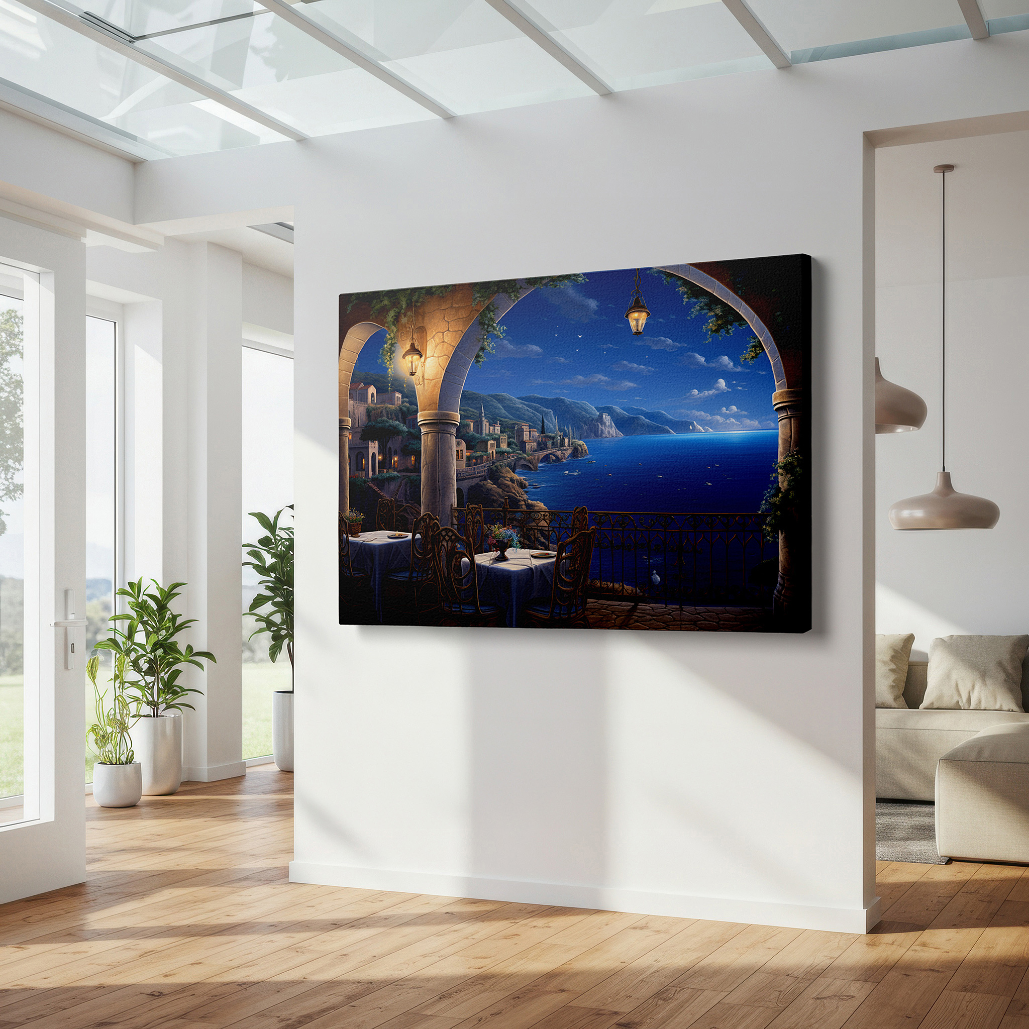 Available in 30×20 cm — a subtle addition to small personal spaces — mediterranean retreat canvas wall art featuring sunset glow and serene sea views for office, bedroom, and living room decor