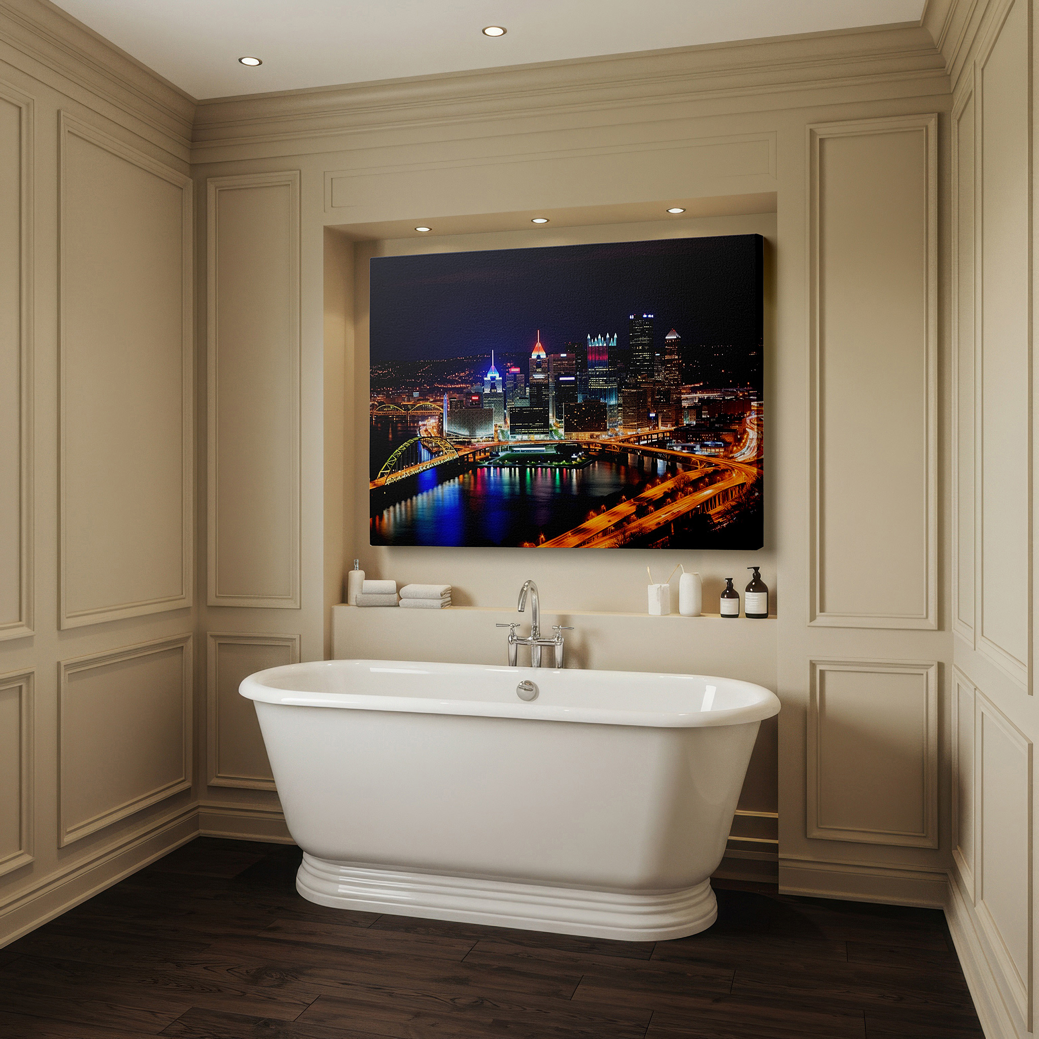 Available in 30×20 cm — a subtle addition to small personal spaces — pittsburgh's nighttime beauty: a wide-angle display of glowing skyscrapers and bright bridges - large wall art, canvas wall art, wall decor for office